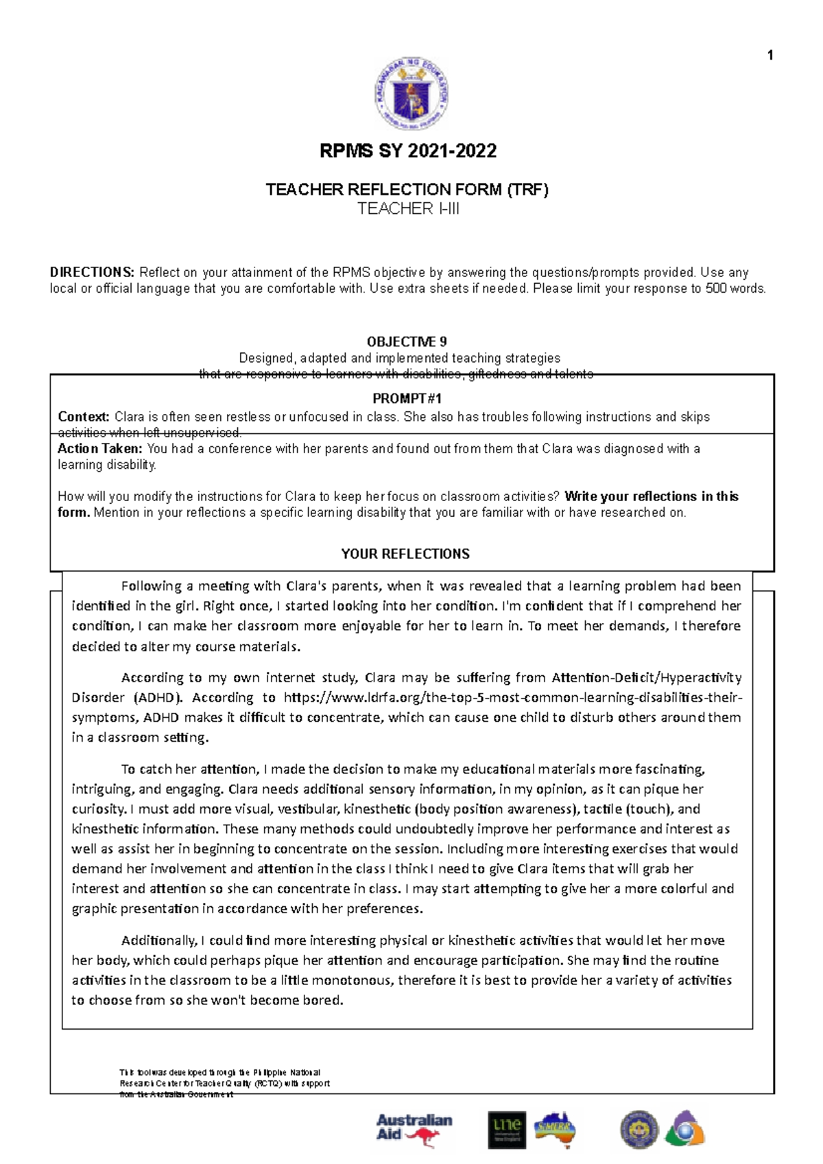 RPMS Objective 9 - for IPCRF - 1 RPMS SY 2021- TEACHER REFLECTION FORM ...