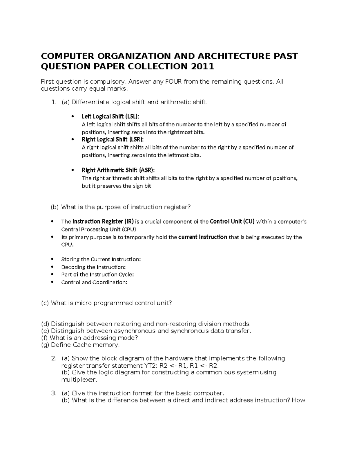COA 101: Practice Questions for Computer Organization Final Exam - Studocu