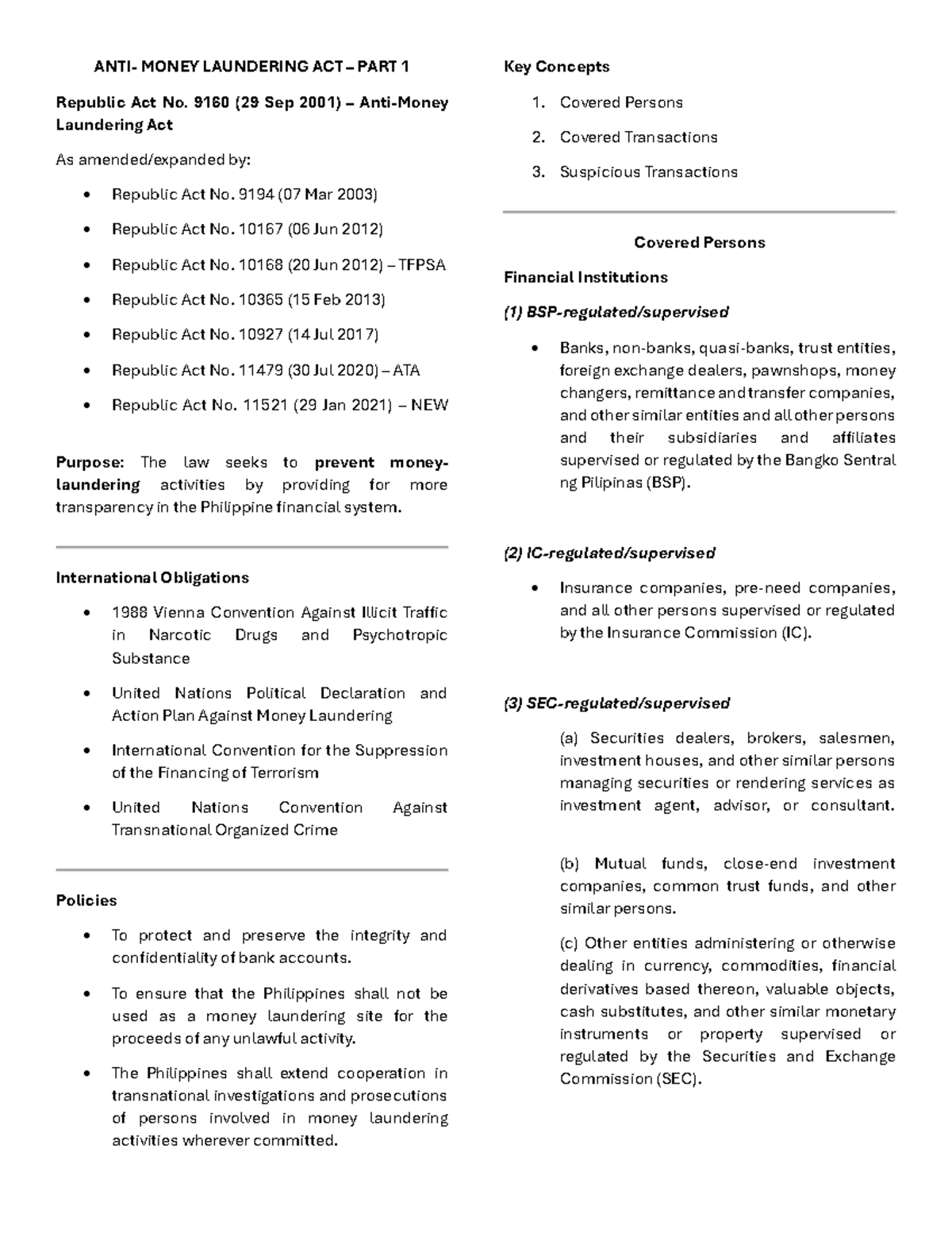 MONEY LAUNDERING ACT: Key Concepts & Regulations (AMLA 1-3) - Studocu