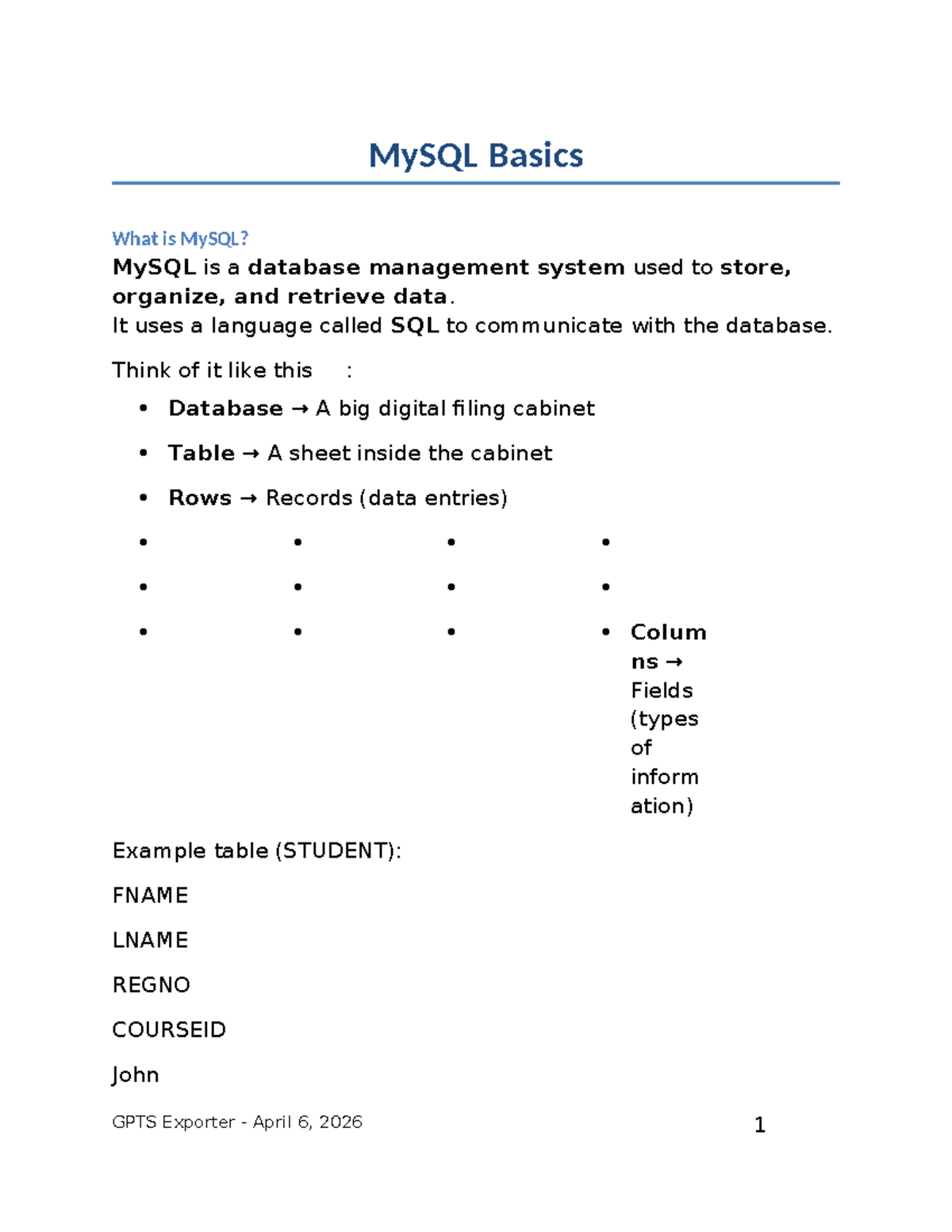 MySQL Basics: Essential Commands and Usage Guide for Students - Studocu