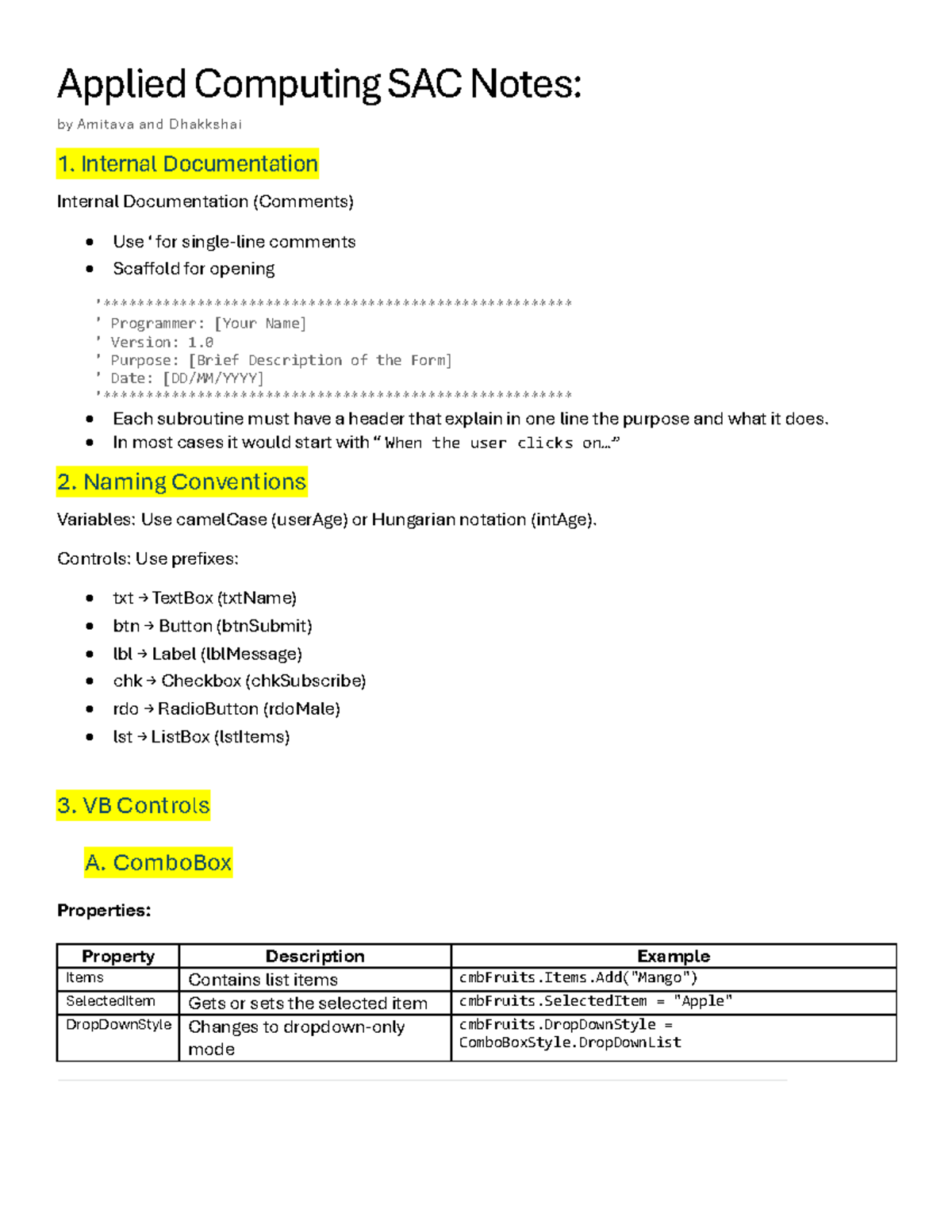 Applied Computing SAC Notes: Internal Documentation & VB Controls - Studocu