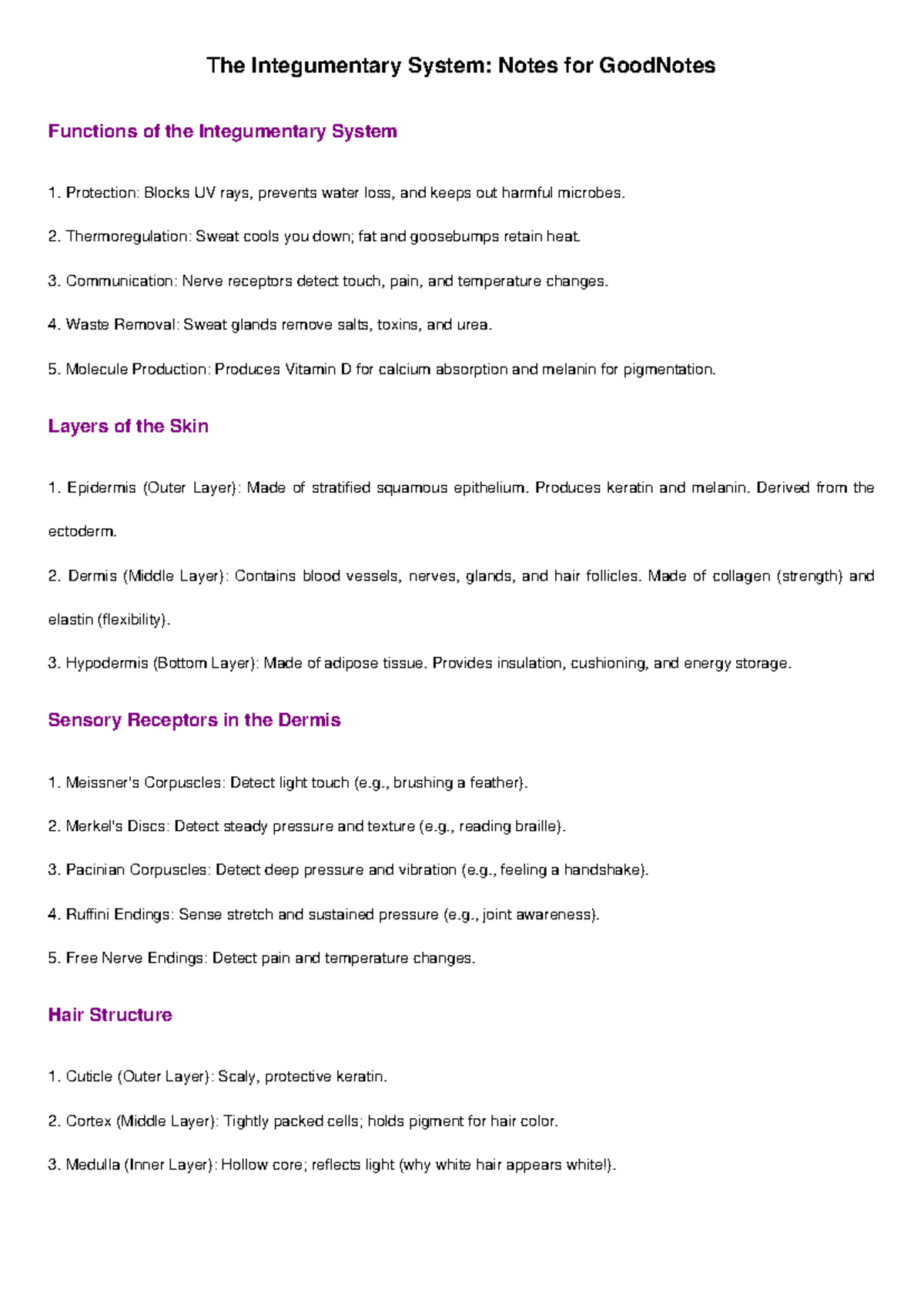 Integumentary System Notes Cleaned - The Integumentary System: Notes ...