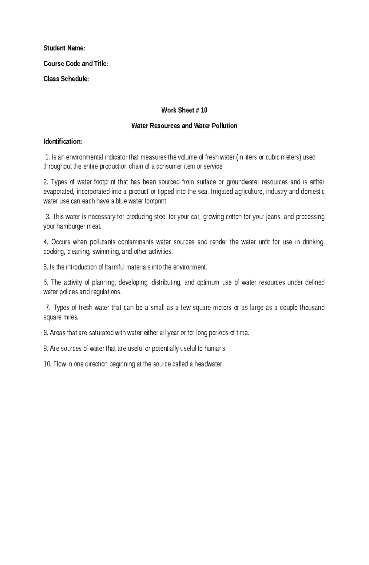 Work Sheet 13 GE 10 - Water Resources & Pollution Overview - Studocu