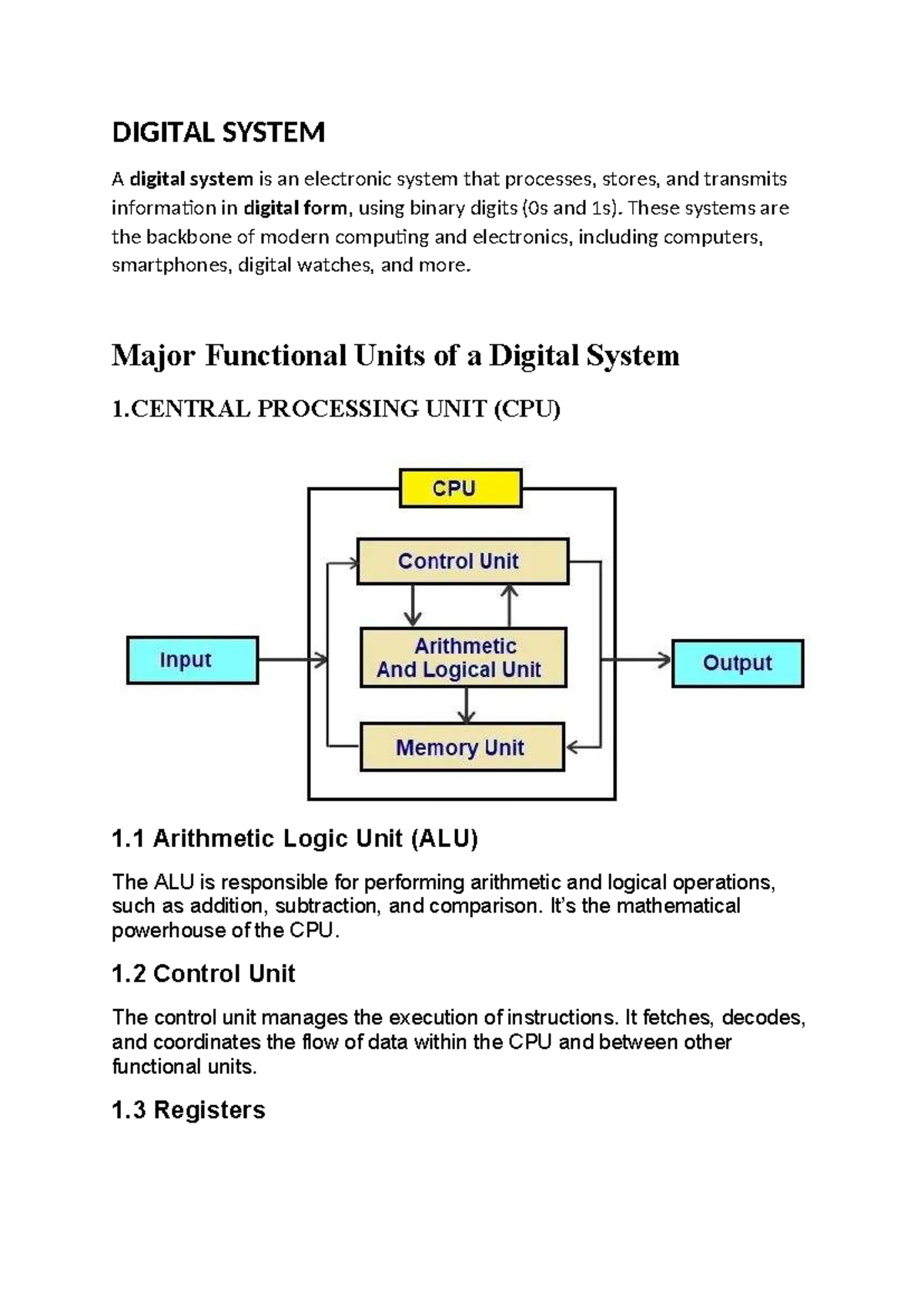 UNIT 1 COA: Overview of Digital Systems and Their Components - Studocu
