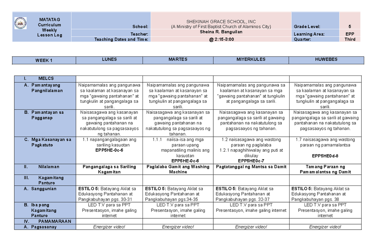 EPP DLL W1Q3 - DAILY LESSON PLAN FOR GRADE 5 EPP CLASS - Studocu
