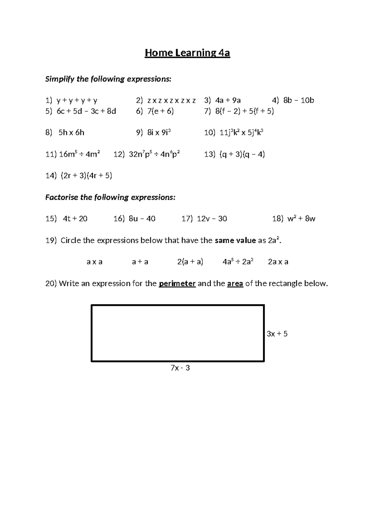 Simplifying Algebra Home Learning (Easier) - Home Learning 4 Simplify ...