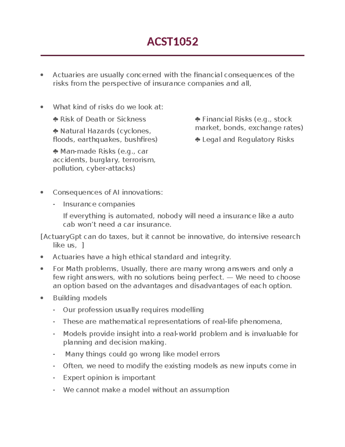 ACST1052 Final Exam Notes on Risk Management and Modelling - Studocu