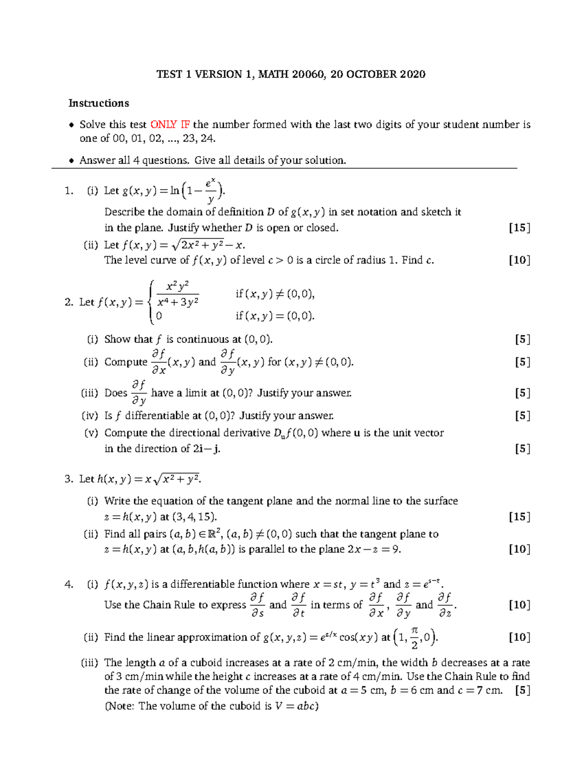 MATH 20060 Midterm Test 1 Version 1 Solutions and Answers - Studocu