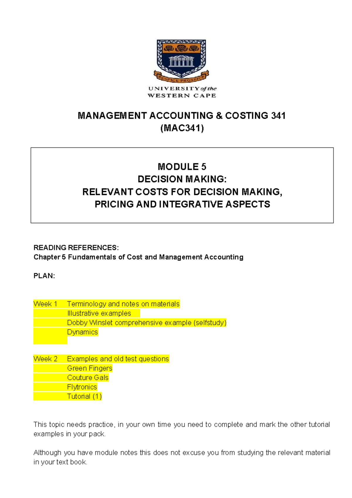 MAC341 Management Accounting: Relevant Costing Notes for Decision ...