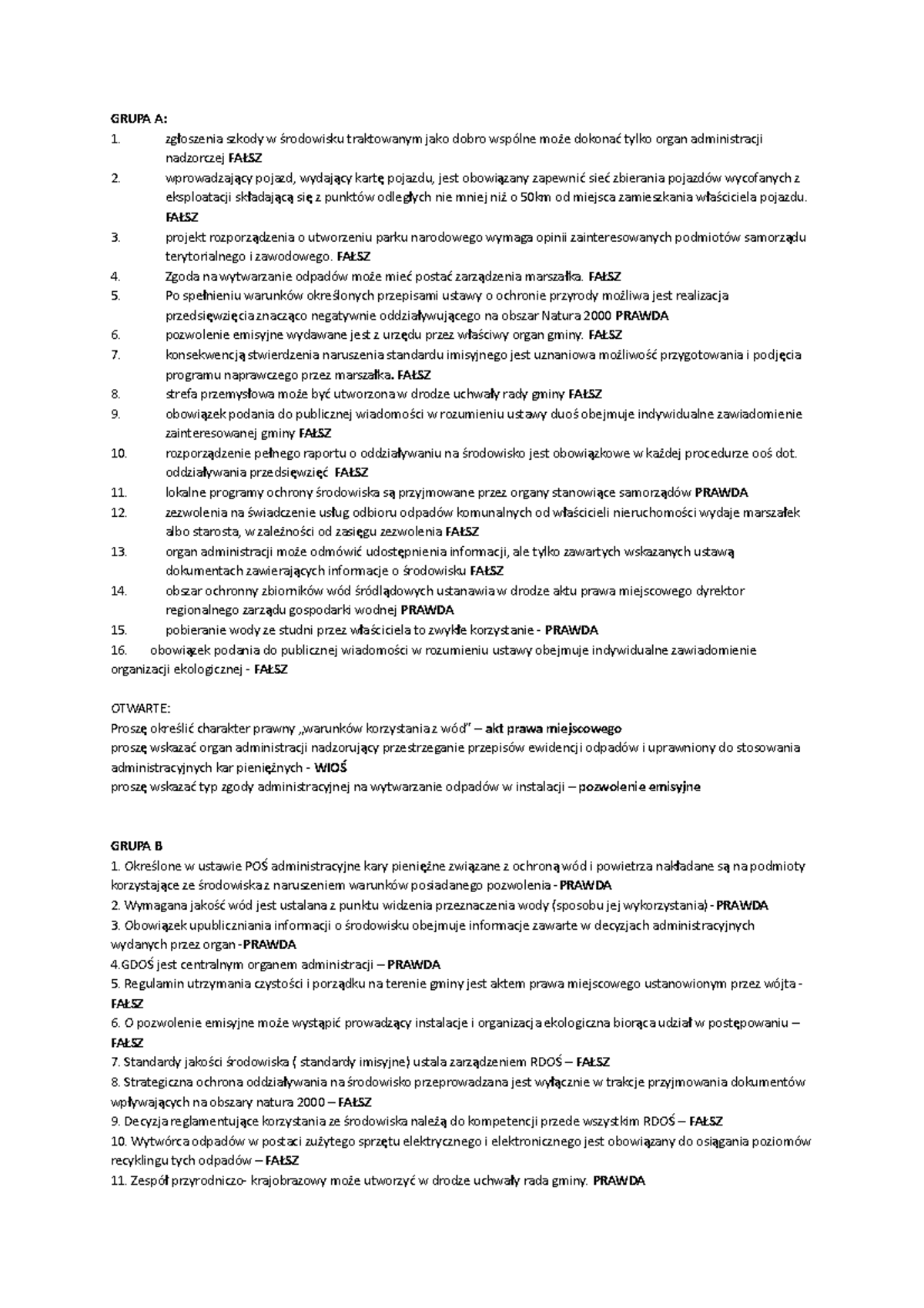 POŚ 2 - Wszystkie Prawda/Fałsz Testy z Ochrony Środowiska - Studocu