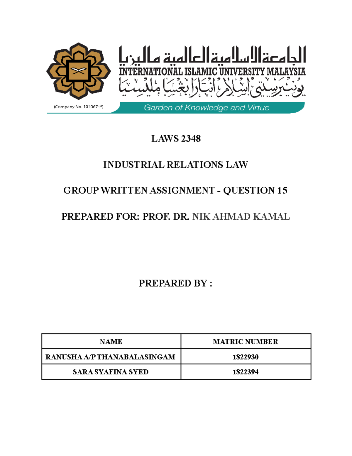 LAWS 2348 Group Assignment: Analysis of Section 20 (Q15) - Studocu