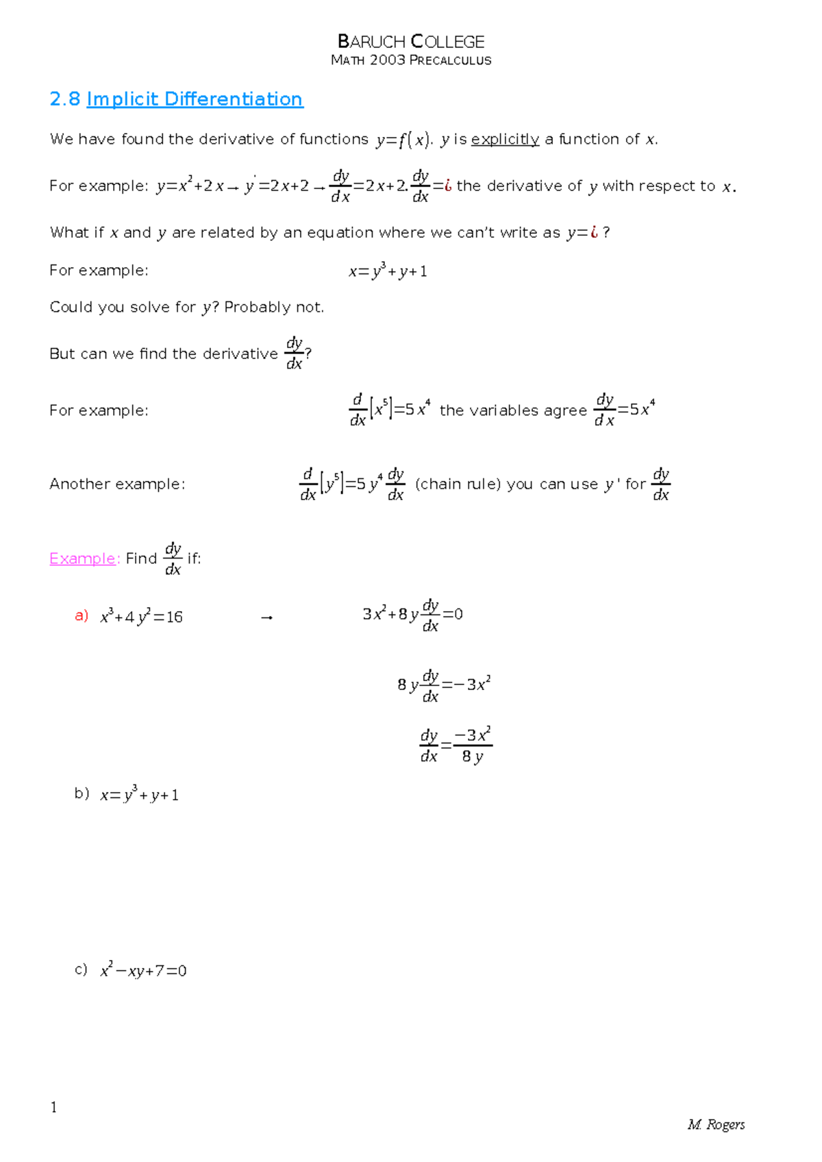 2.8 Implicit Differentiation Notes - BARUCH COLLEGE MATH 2003 ...