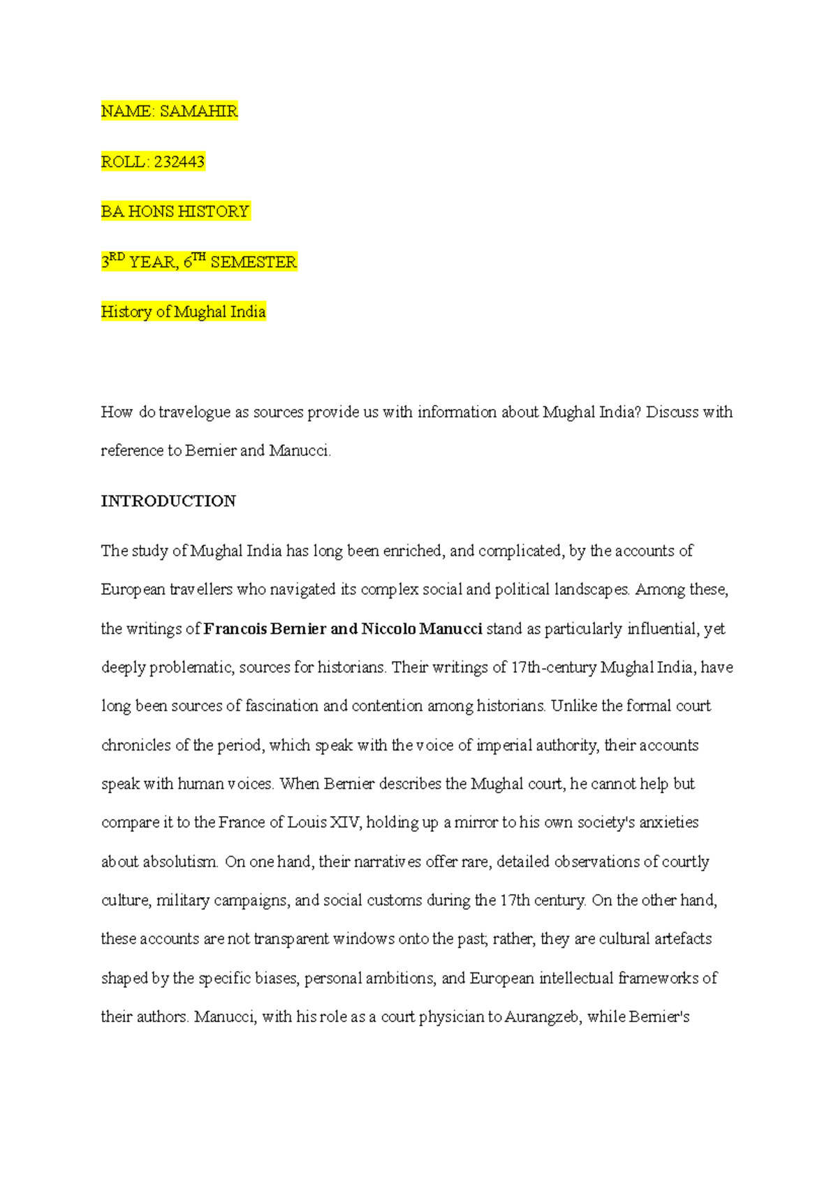BA HONS HISTORY 3RD YEAR: Travelogues on Mughal India Insights - Studocu