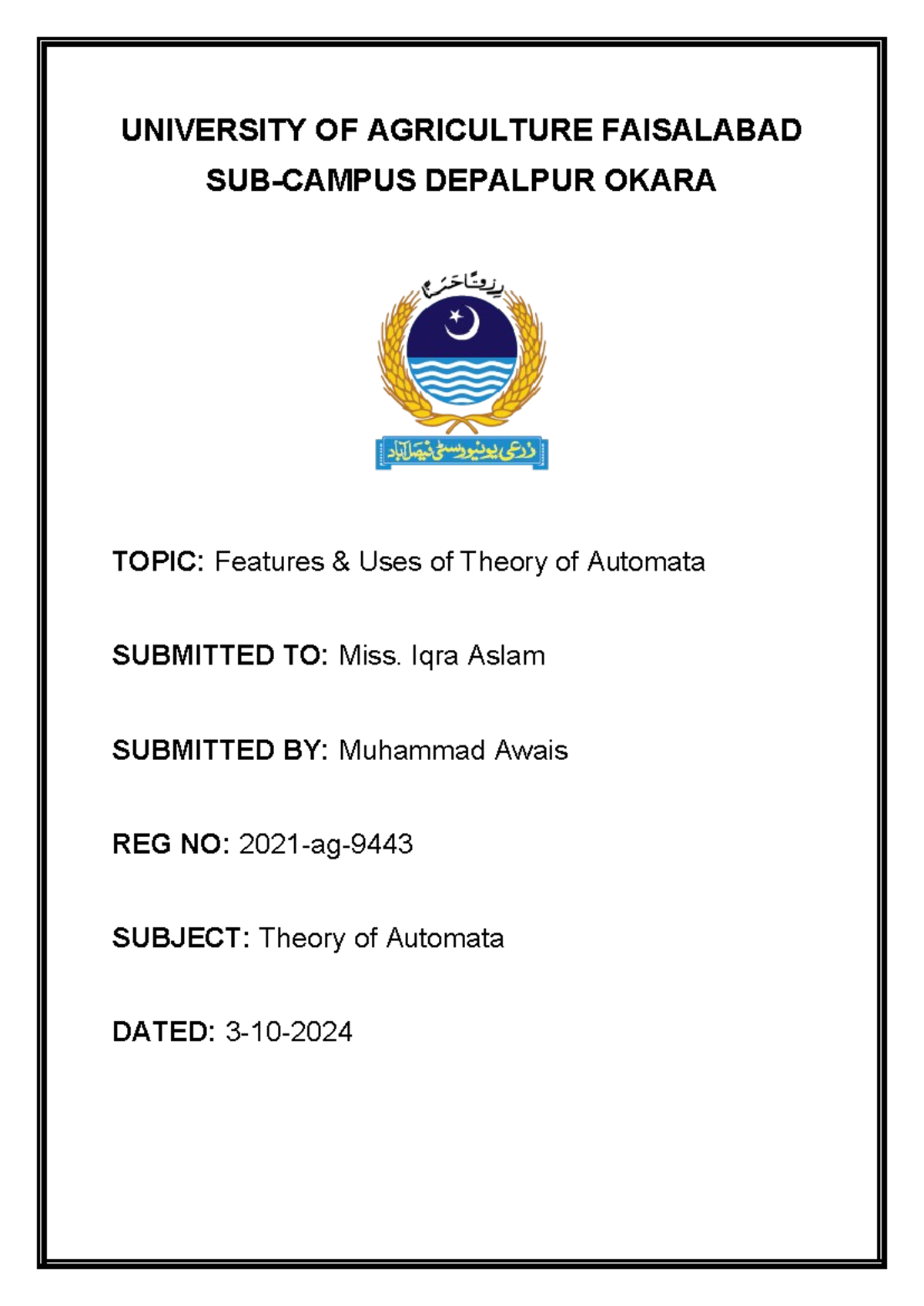 Theory of Automata: Features & Applications (CS-101 Lecture Notes ...