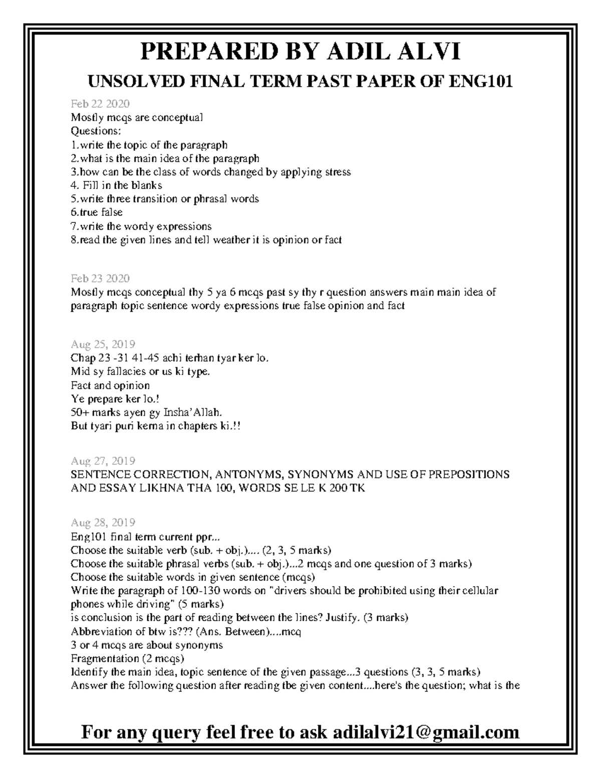 ENG101 Unsolved Past Final Term Papers Review and Insights - Studocu