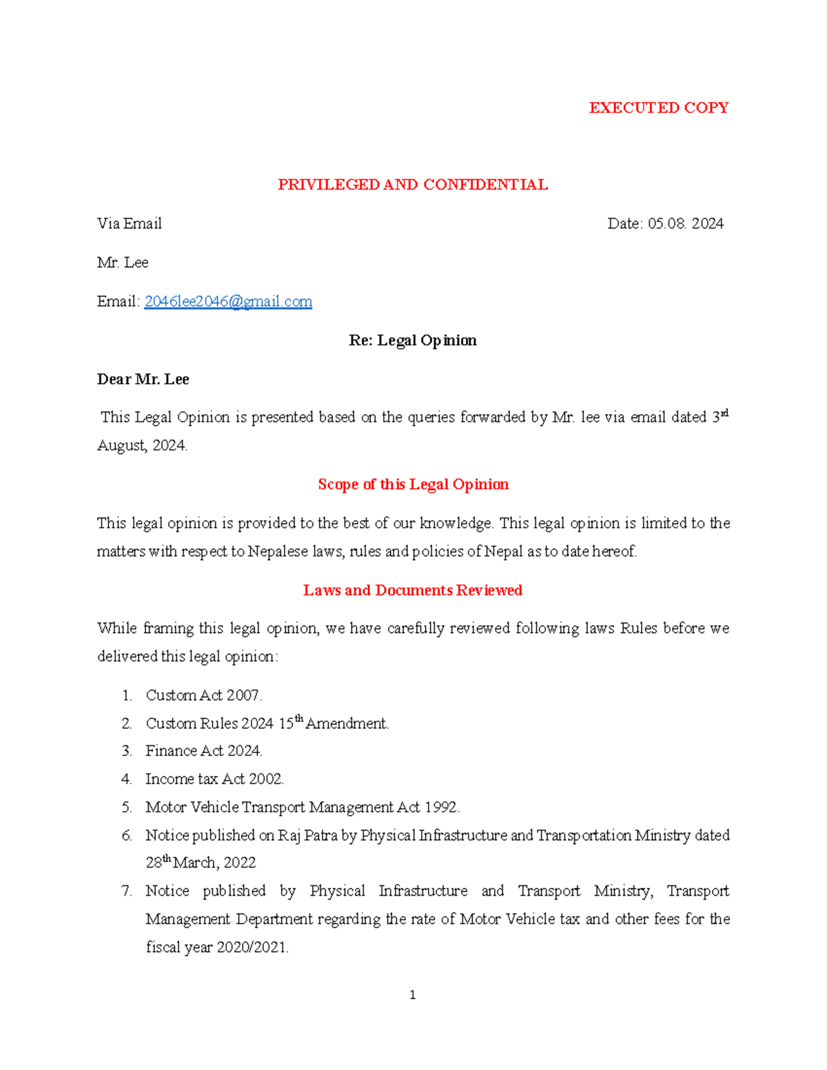 Final Mr. Lee Legal opinion - EXECUTED COPY PRIVILEGED AND CONFIDENTIAL ...