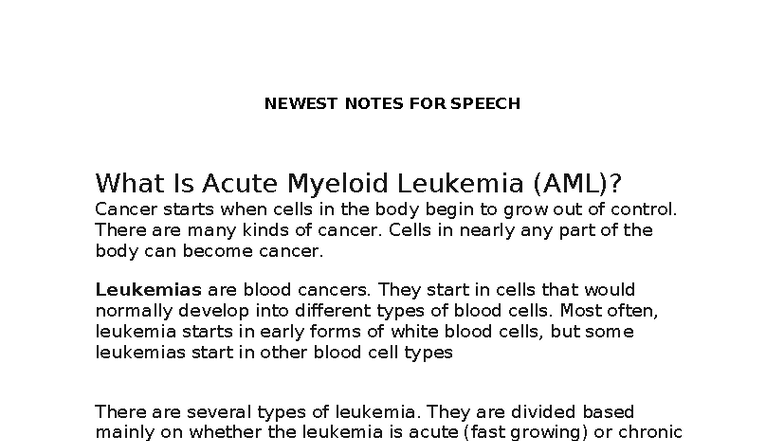 Acute Myeloid Leukemia (AML) Overview: Key Notes for Speech - Studocu