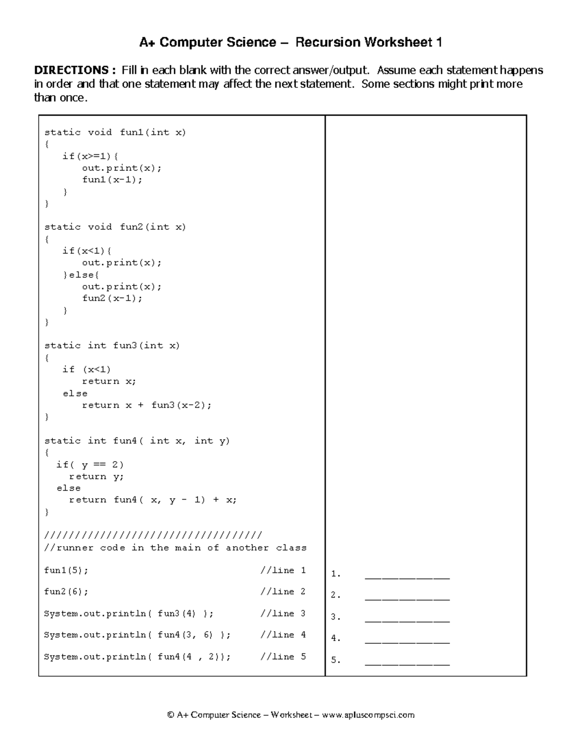 Recursion WS #1 - © A+ Computer Science – Worksheet – apluscompsci A+ ...