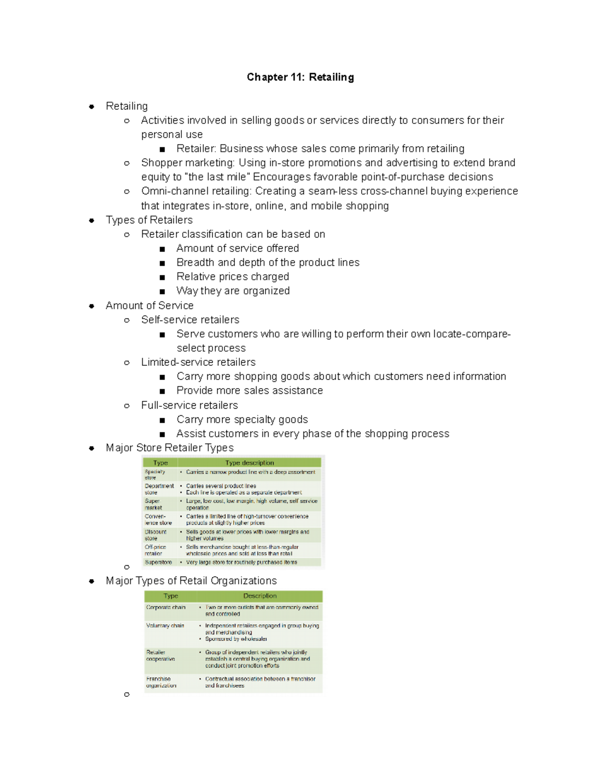 Chapter 11 Retailing Study Notes: Key Concepts and Strategies - Studocu