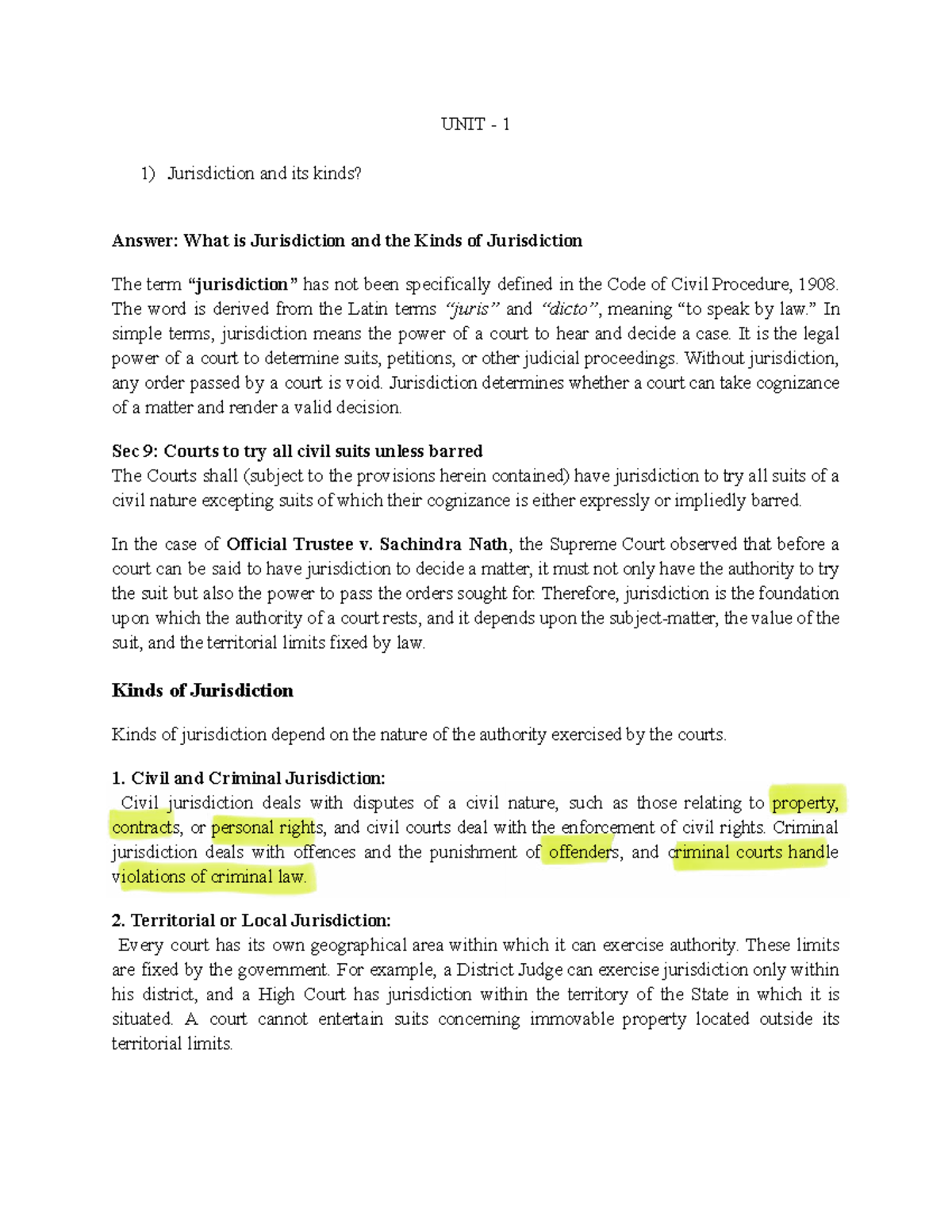 UNIT 1: Understanding Jurisdiction and Its Types in Law - Studocu