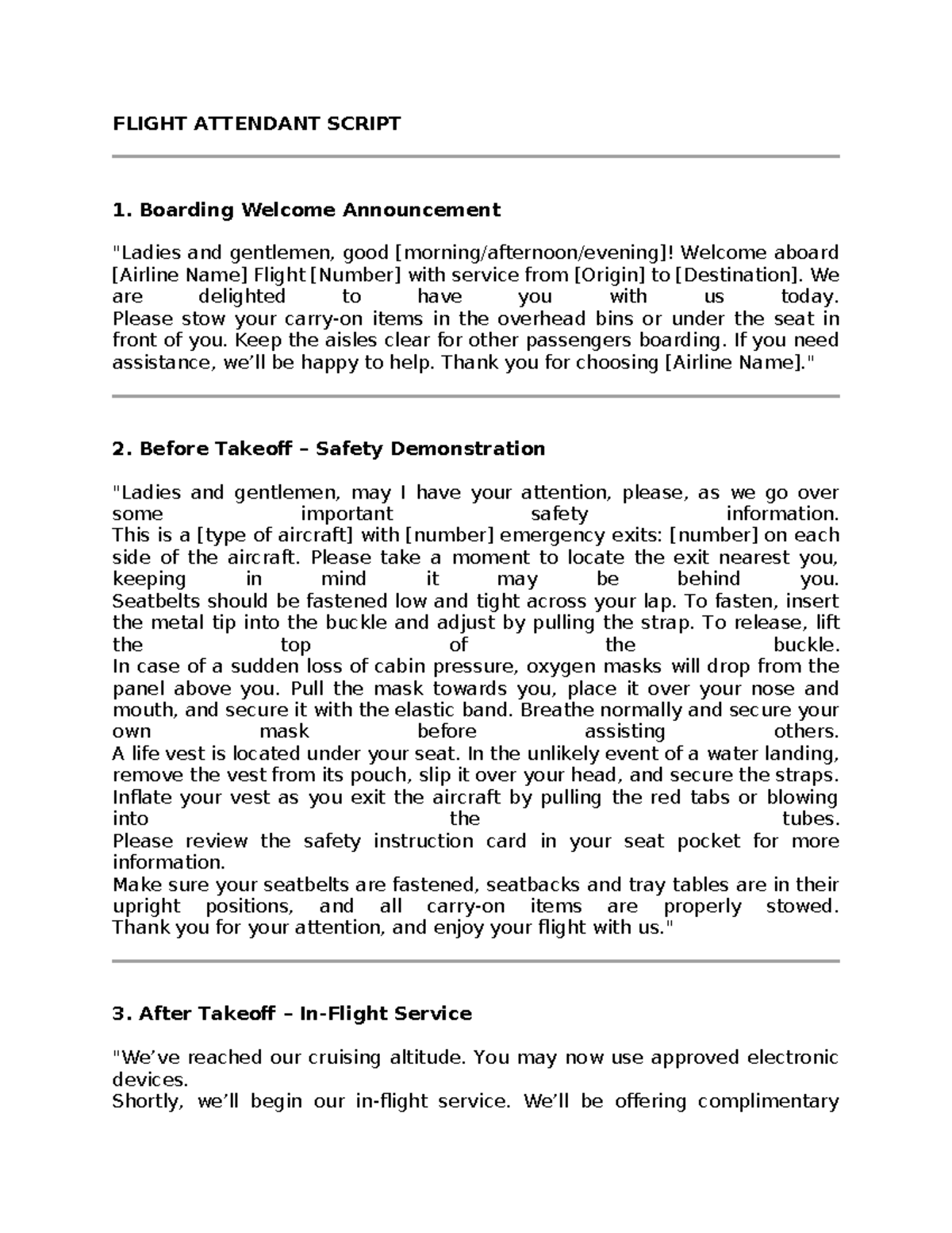 FLIGHT ATTENDANT SCRIPT: Boarding & Safety Announcements - Studocu