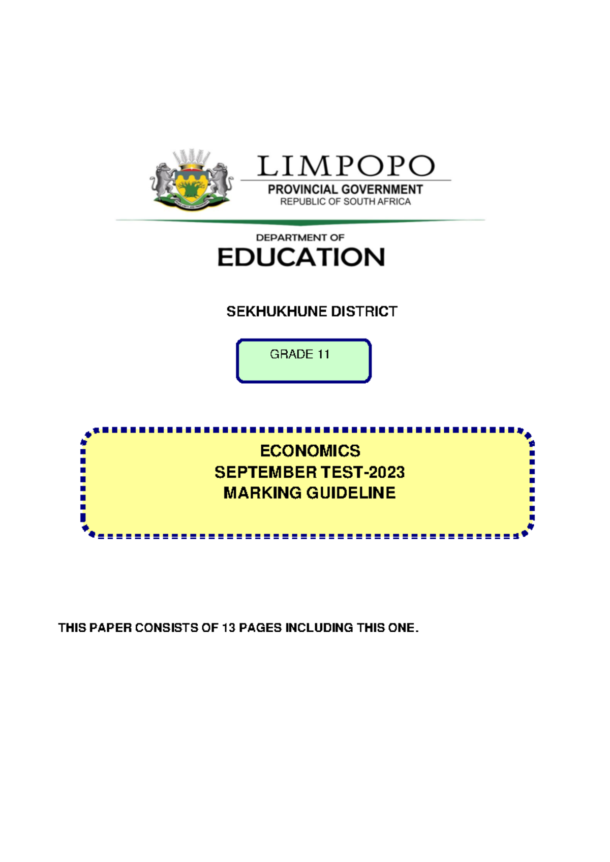 SEKHUKHUNE DISTRICT GRADE 11 ECONOMICS SEPTEMBER TEST MEMO 2023 - Studocu