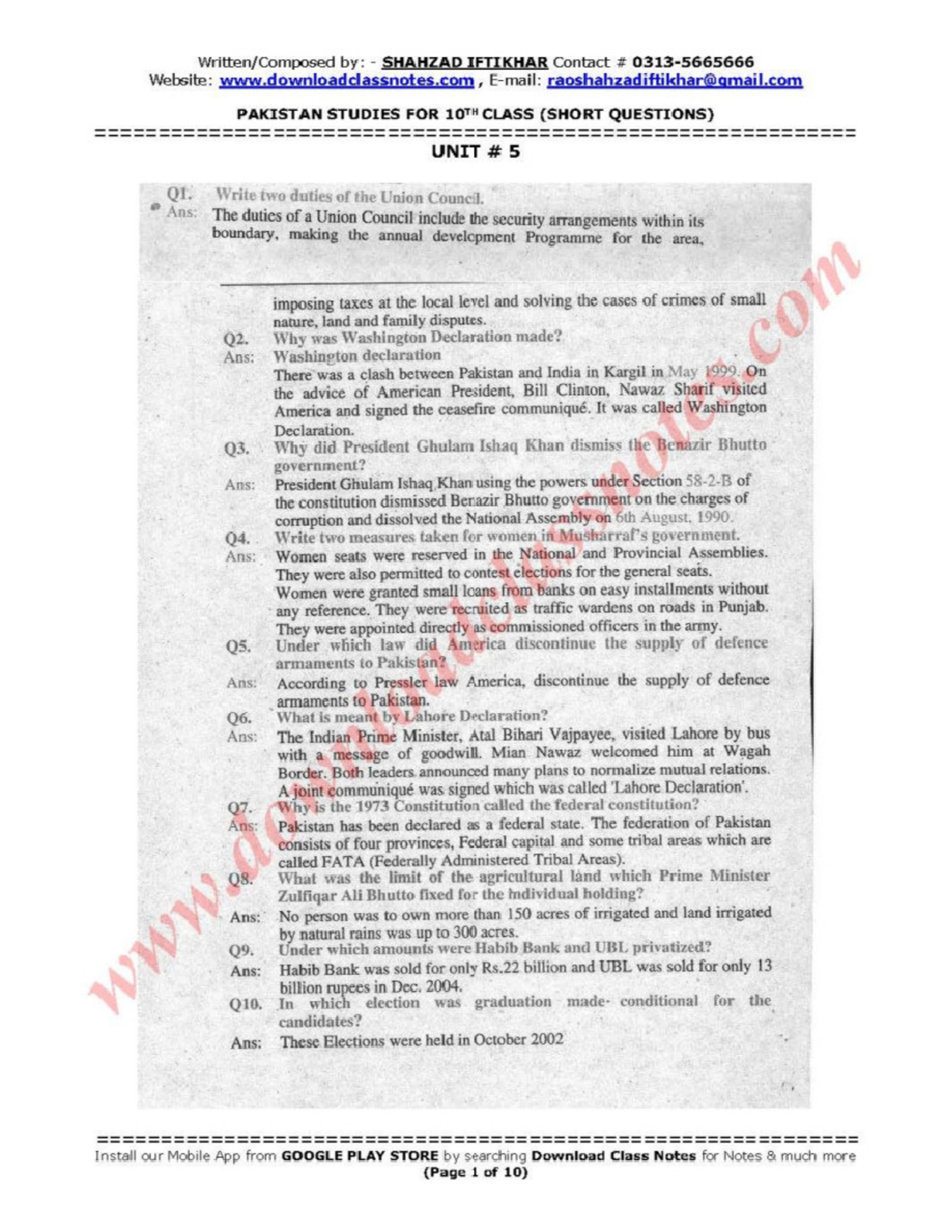 Pakistan Studies 10th Class Short Questions Compilation for Units 5-9 ...
