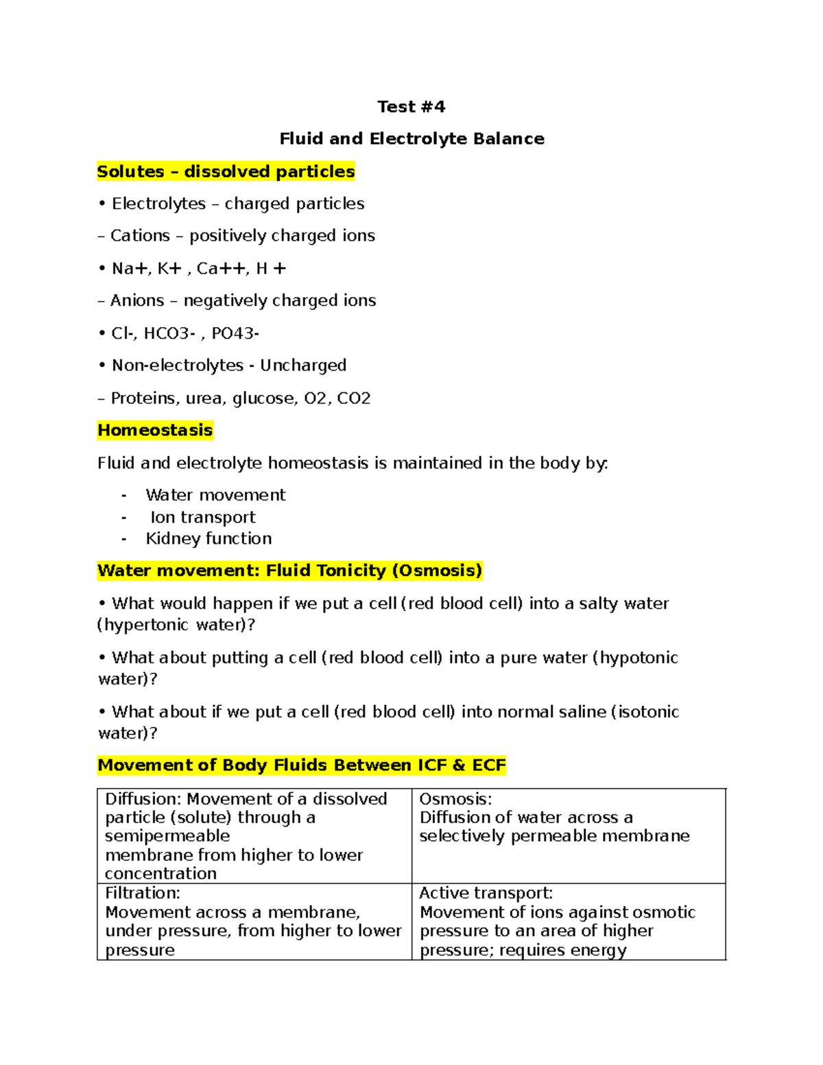 Test #5: Fluid and Electrolyte Balance Overview and Key Concepts - Studocu
