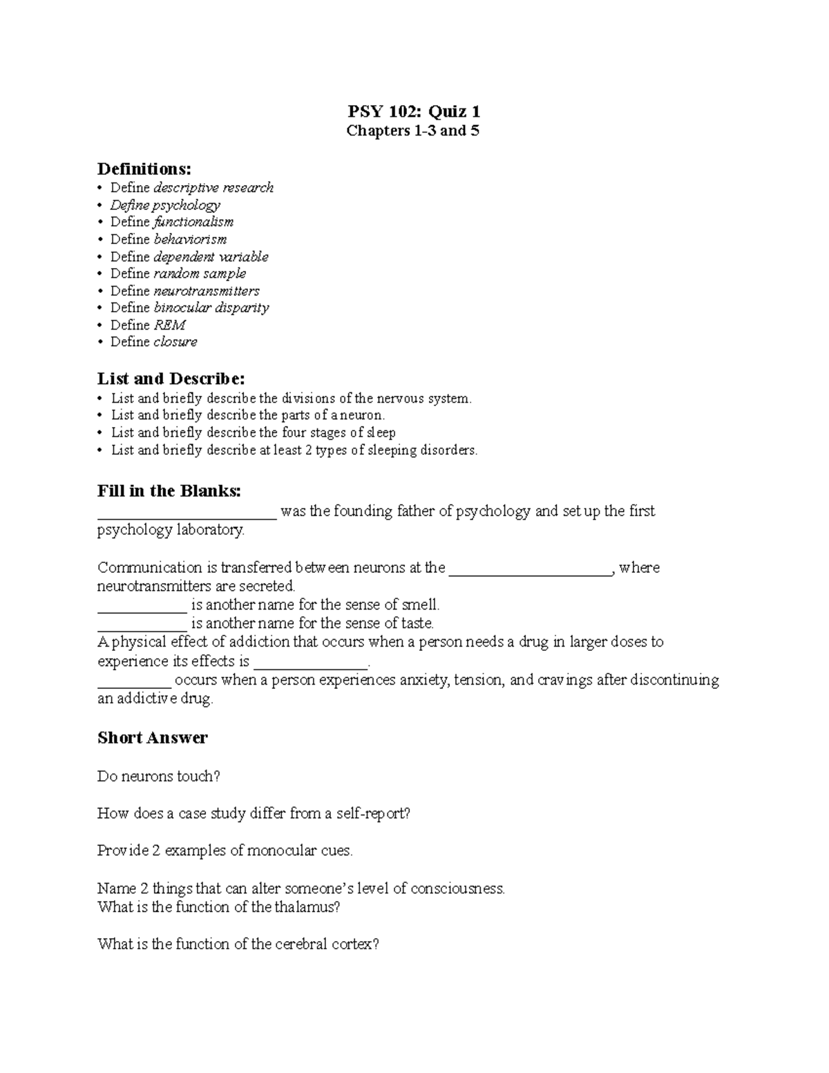 PSY102 Quiz 1: Key Concepts from Chapters 1-3 & 5 on Psychology Topics ...