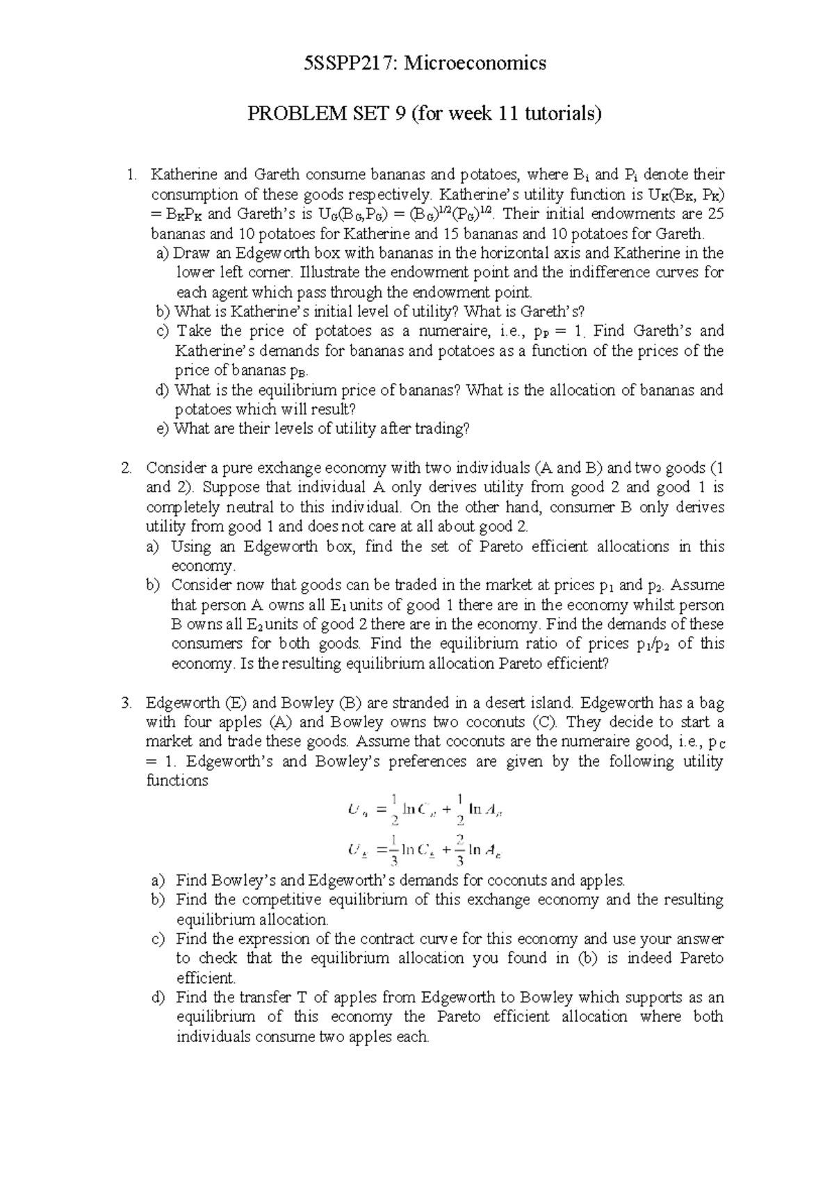 5SSPP217: Microeconomics Problem Set 9 - Week 11 Tutorials - Studocu