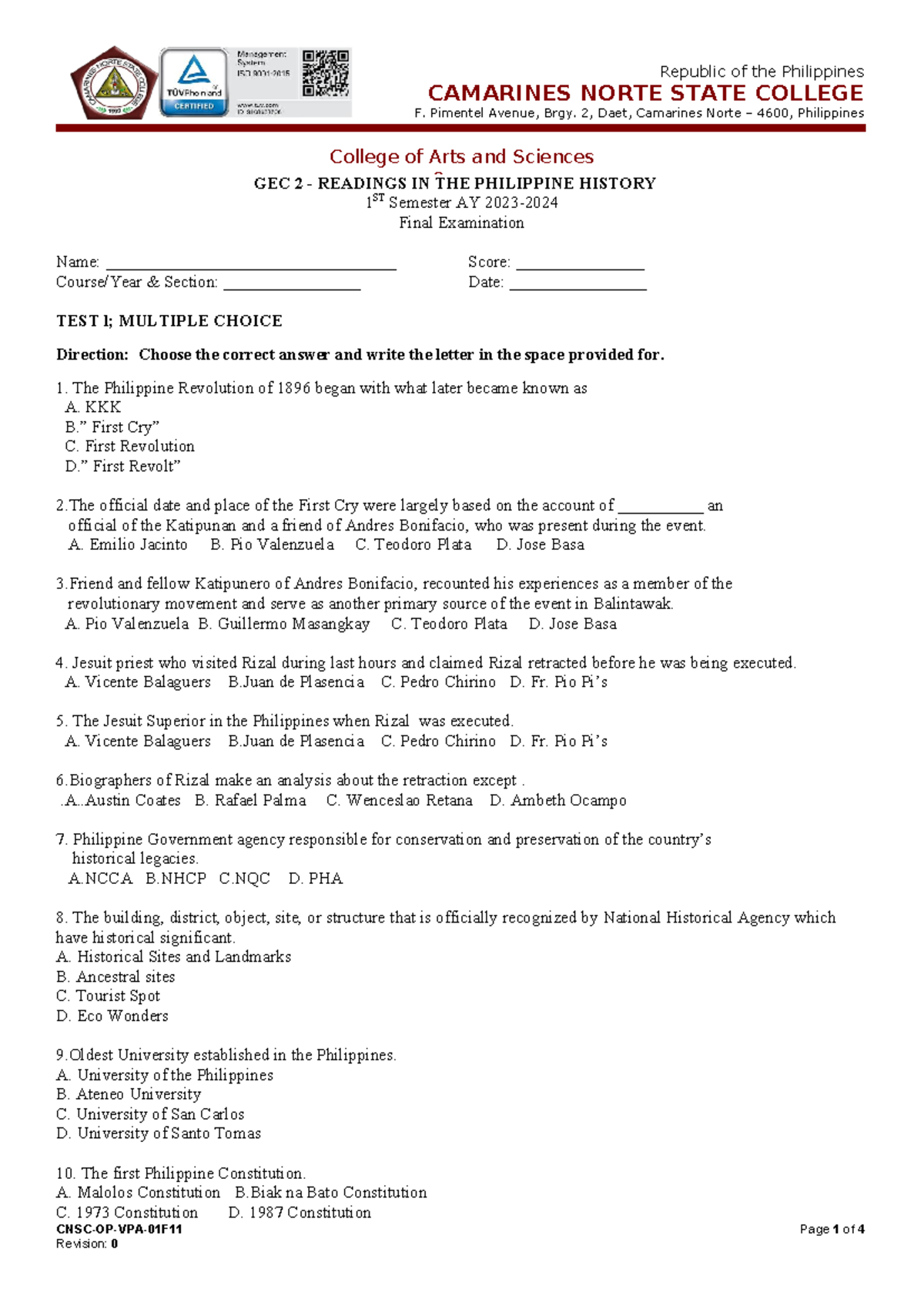 Final Exam: GEC 2 - Readings in Philippine History (AY 2023-2024) - Studocu
