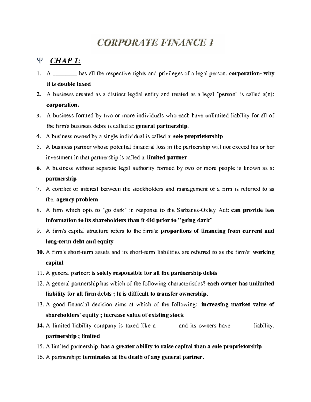Corporate 20 Finance 201: Chapter 1 & 2 Study Notes - Studocu