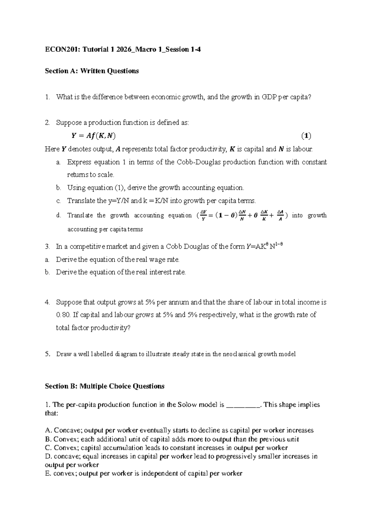 ECON201: Tutorial 1 - Macro 1 Written Questions & MCQs - Studocu
