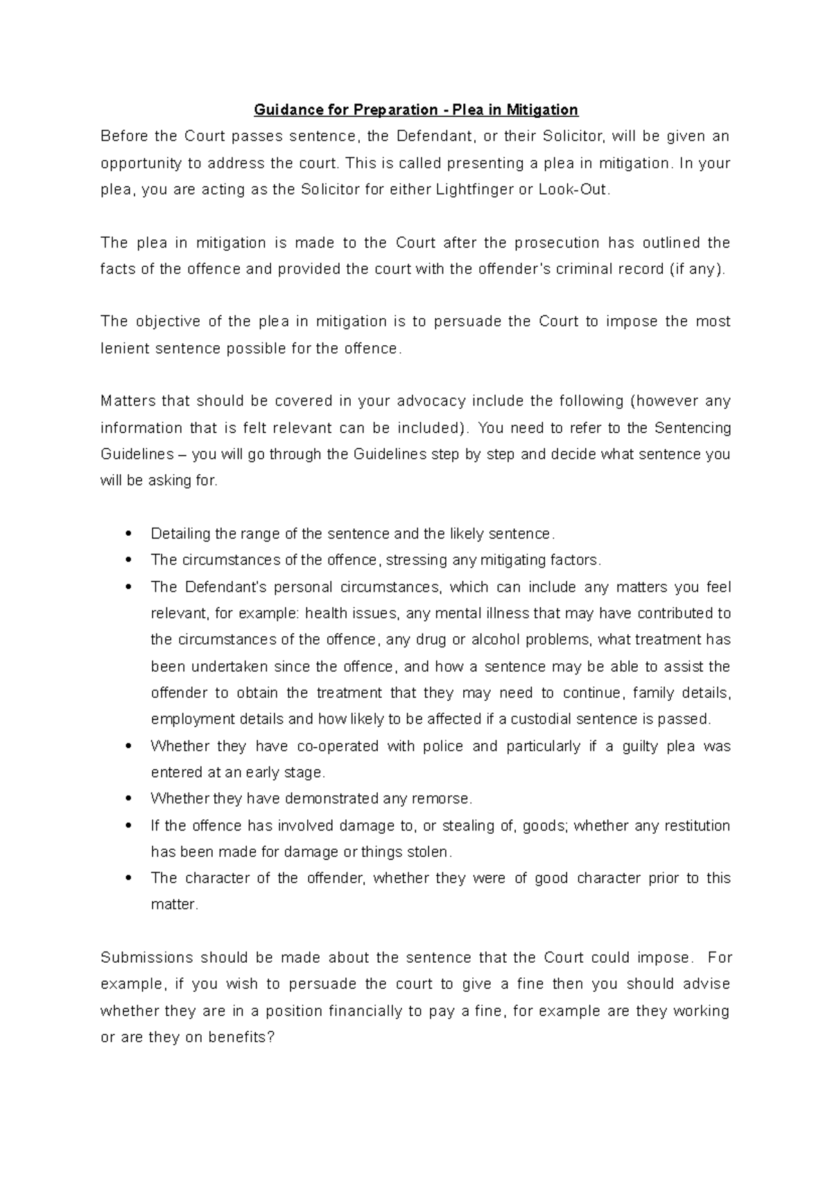 Advocacy Guidance: Plea in Mitigation Preparation for Court - Studocu
