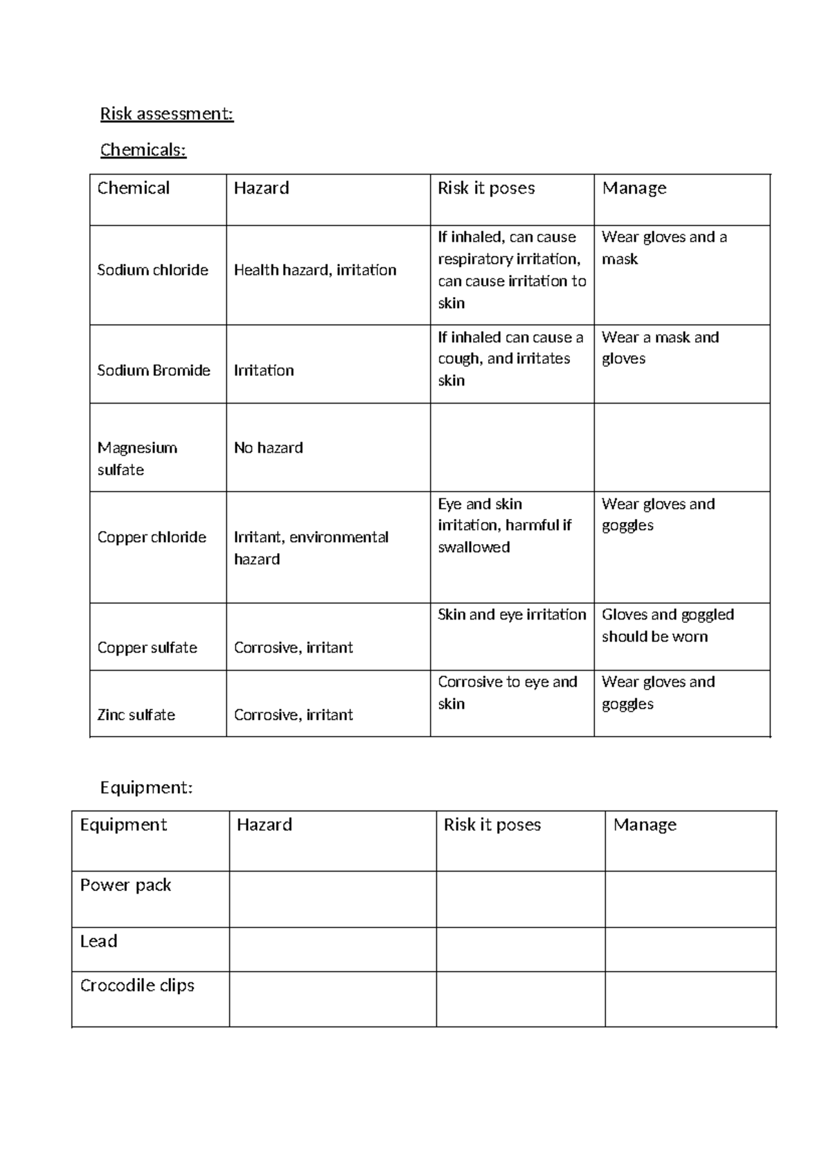 Risk assessment - assignment - Risk assessment: Chemicals: Chemical ...