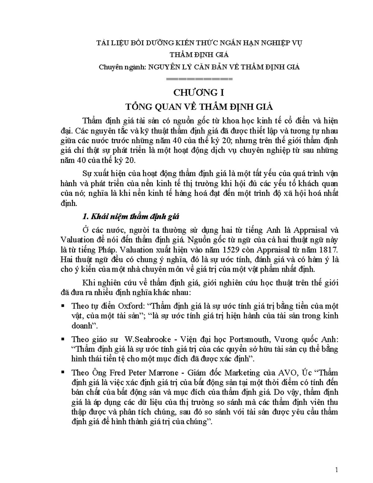 TÀI LIỆU BỒI DƯỠNG KIẾN THỨC THẨM ĐỊNH GIÁ - NGUYÊN LÝ VÀ BÀI TẬP - Document Preview