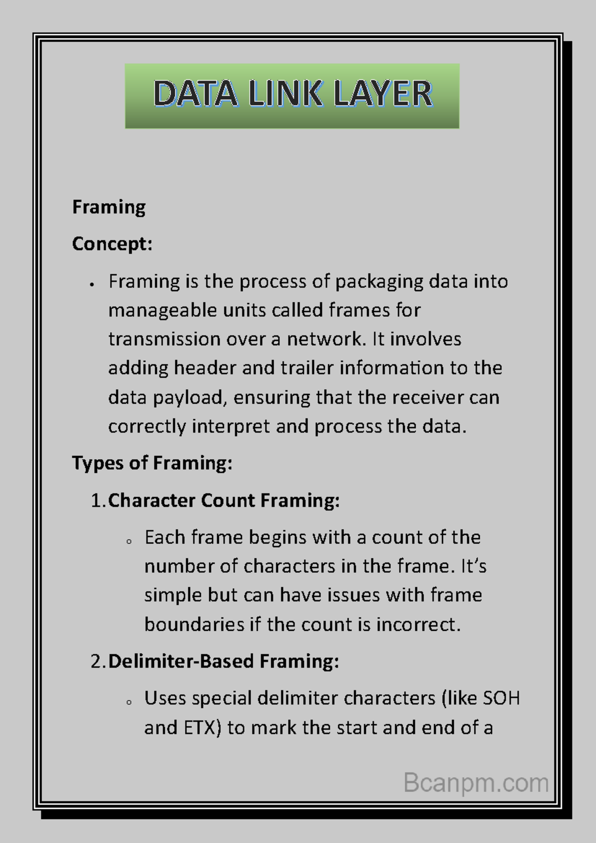 Data Link Layer Concepts and Framing Techniques Notes - Studocu