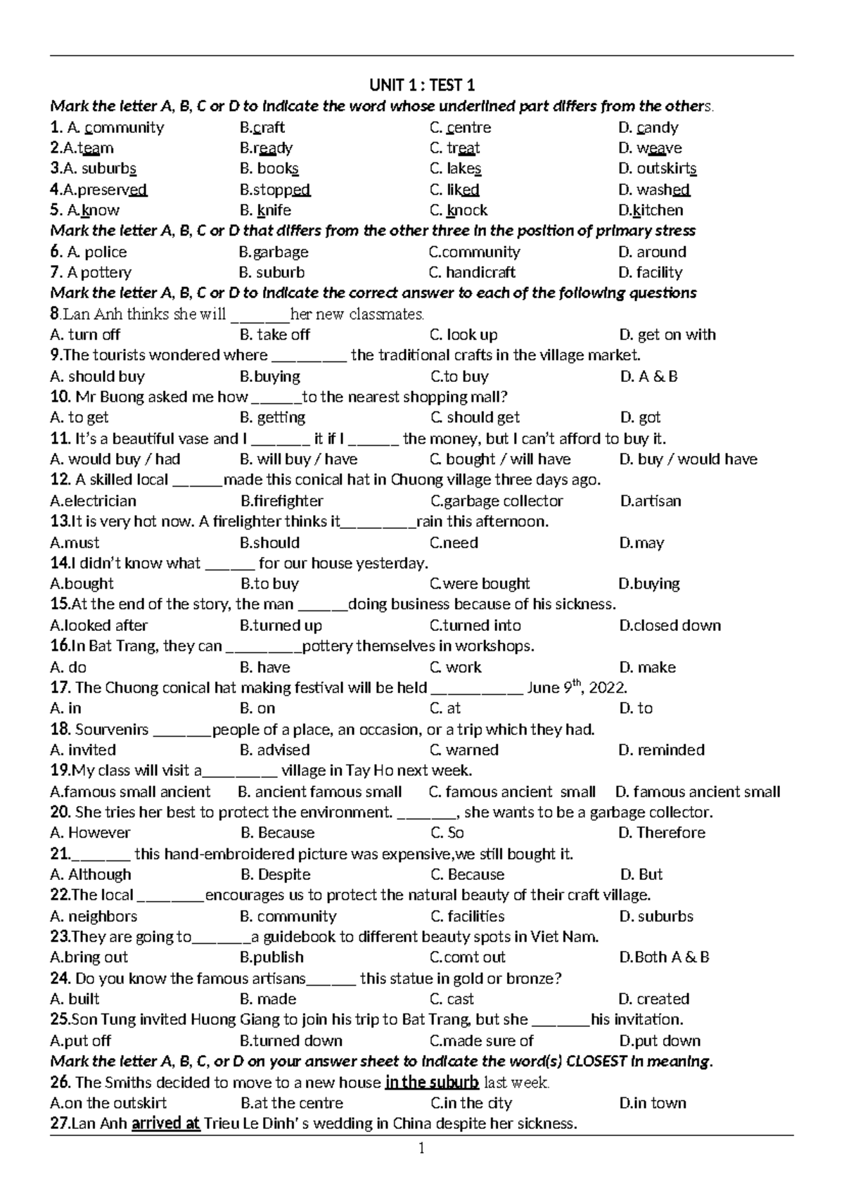 UNIT 1: TEST 1 - Vocabulary and Grammar Exercises for English 9 - Studocu