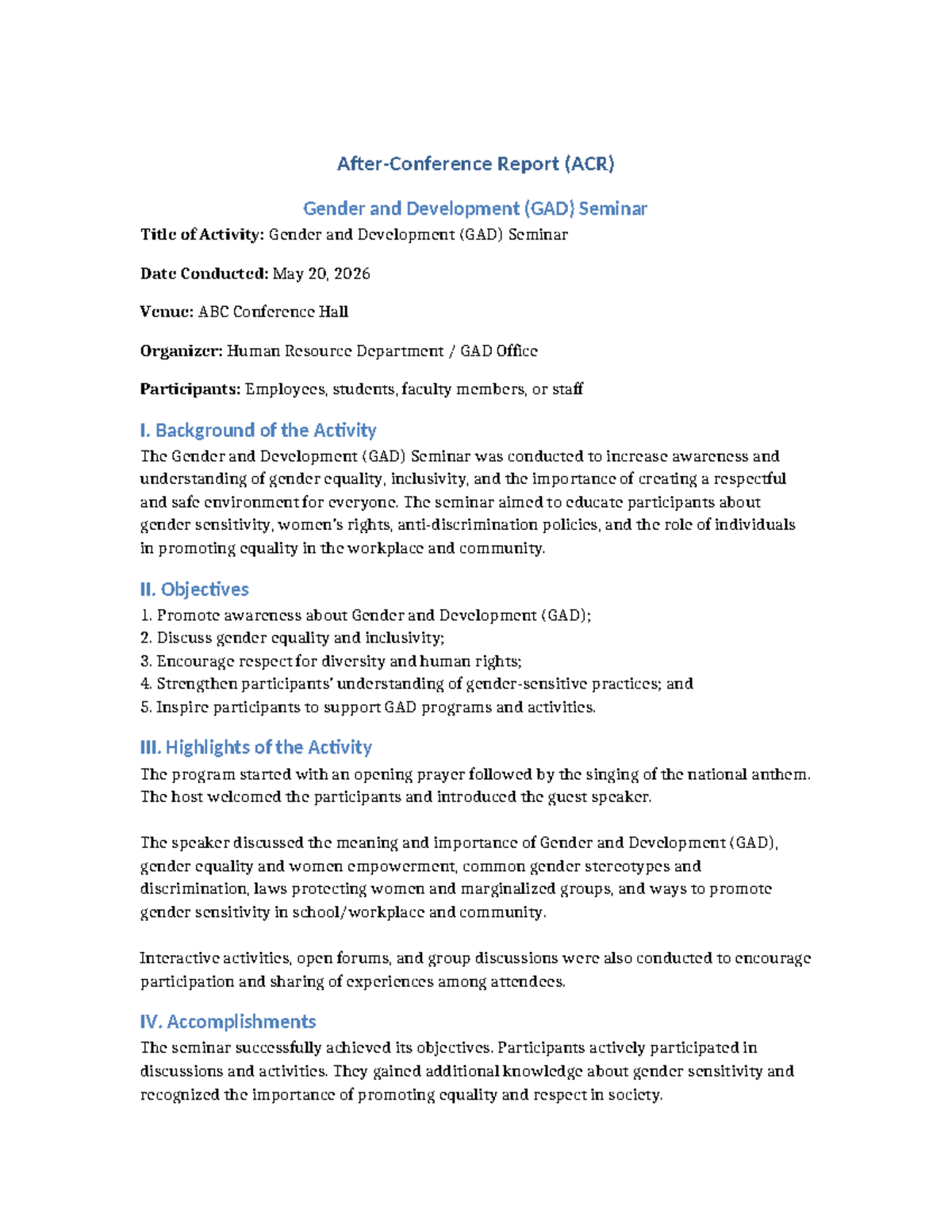 GAD Seminar Report (ACR): Promoting Gender Equality and Awareness - Studocu