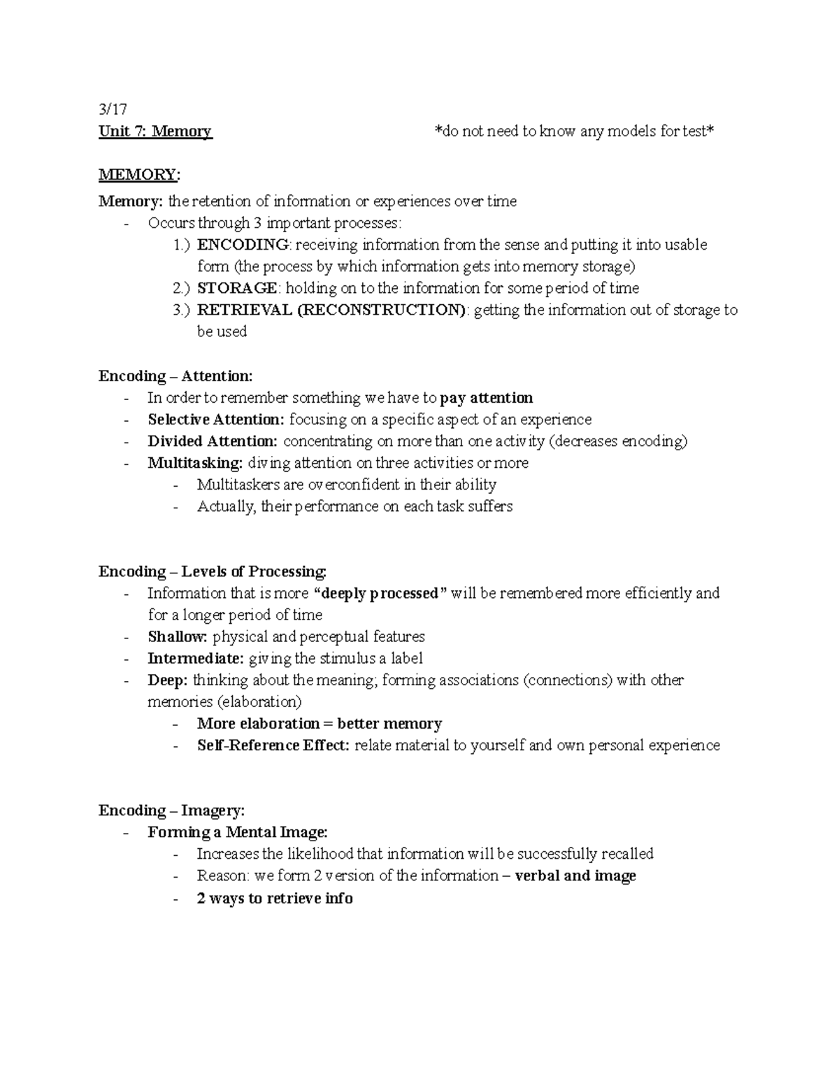Psychology Notes: Memory Processes & Forgetting (PSYCH 101) - Studocu