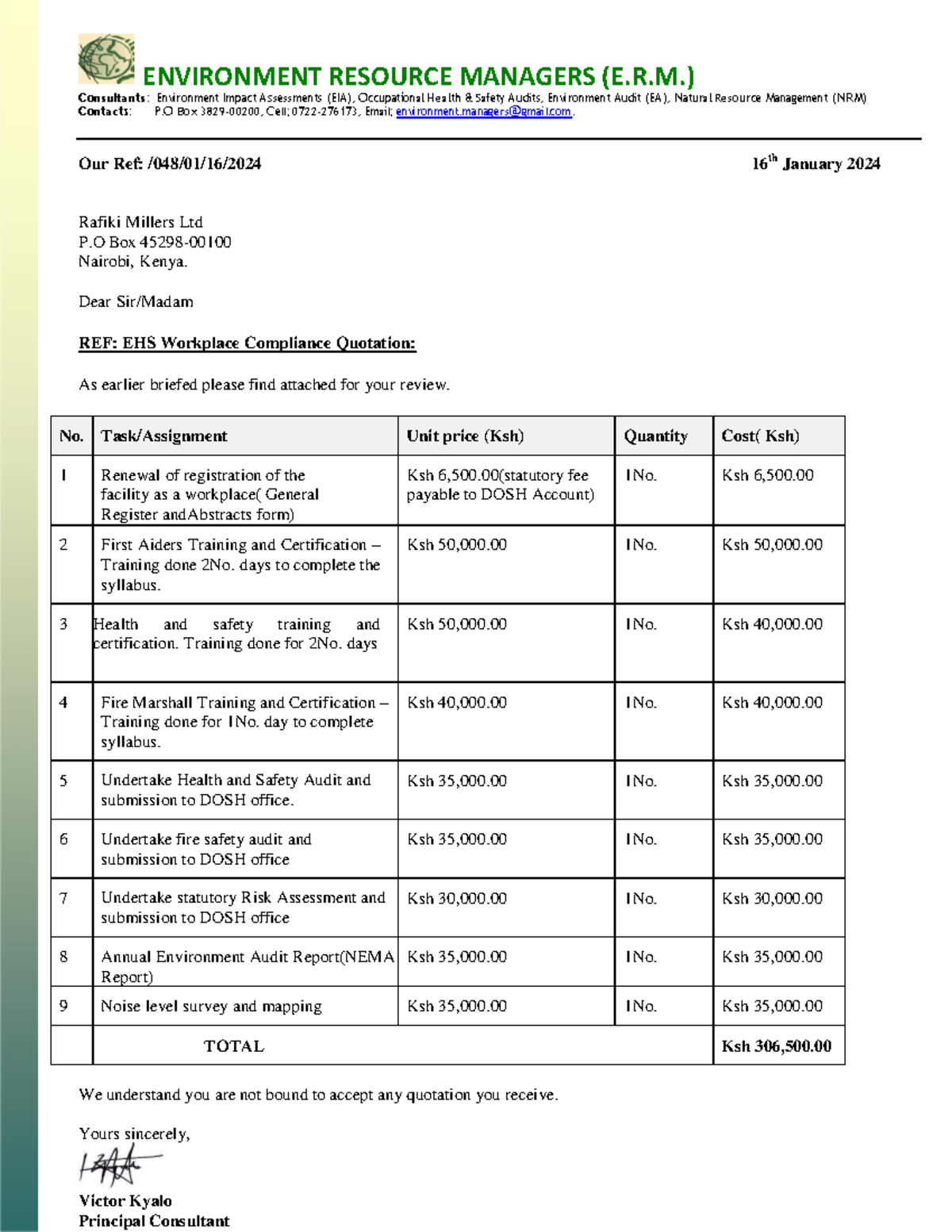 Quotation for OSH Compliance Services - Ref: /048/01/16/2024 - Studocu