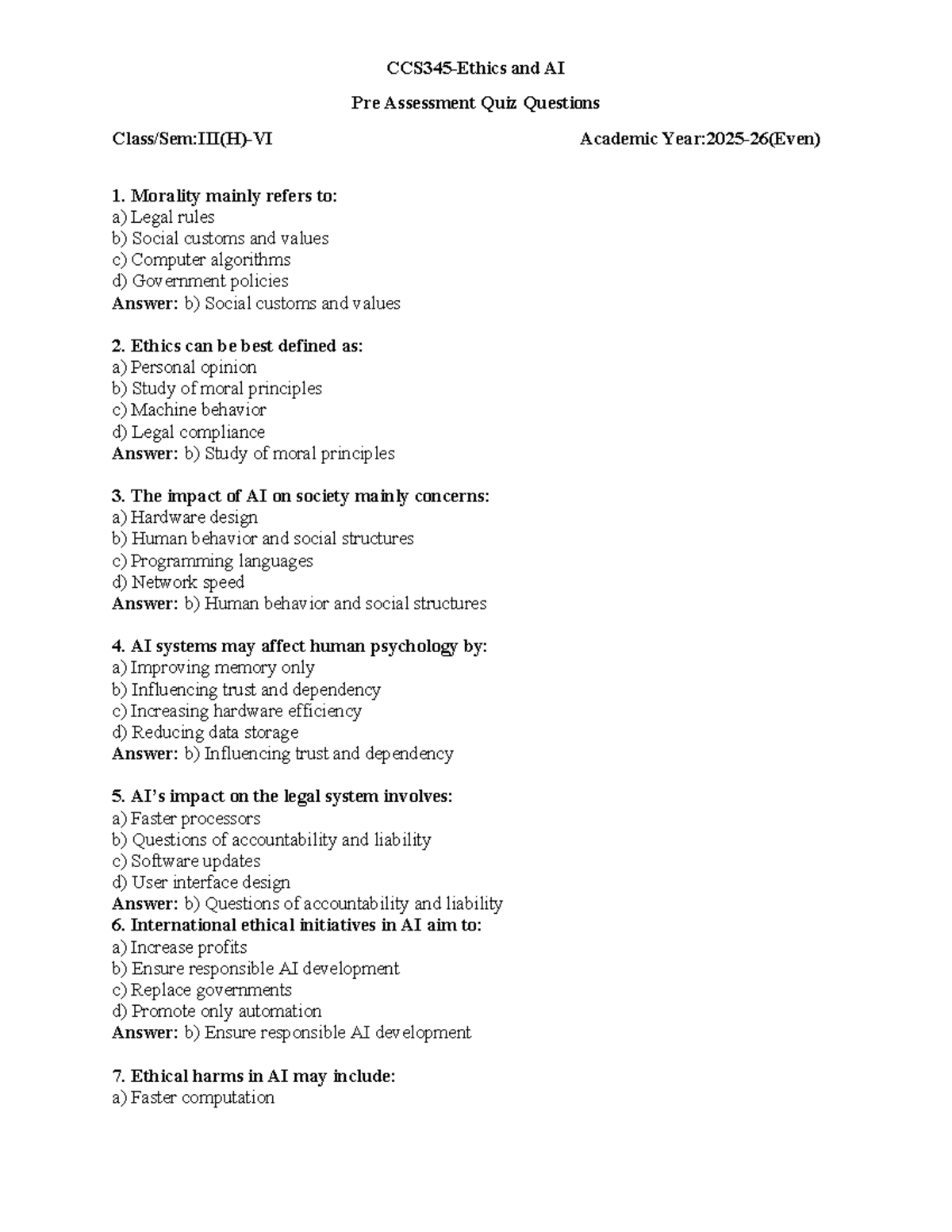 AI Pre Assessment Quiz Questions and Answers - Studocu