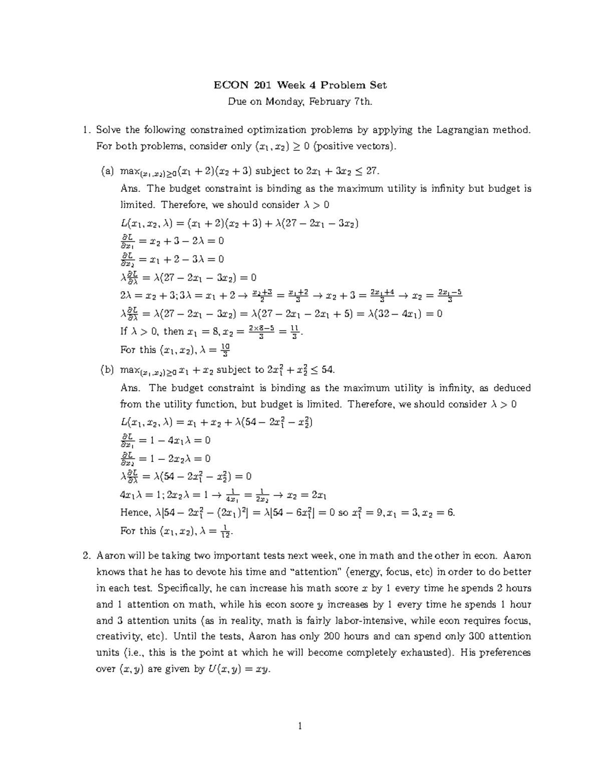 Econ 201 HW4 - Utility Maximization & Lagrangian Method Solutions - Studocu