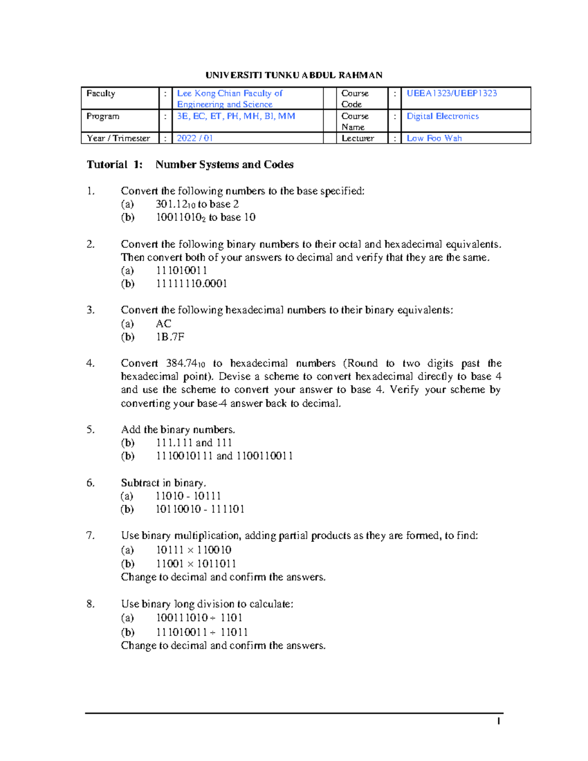 Tutorial 1-Number Sys 2022 - 1 UNIVERSITI TUNKU ABDUL RAHMAN Tutorial 1 ...