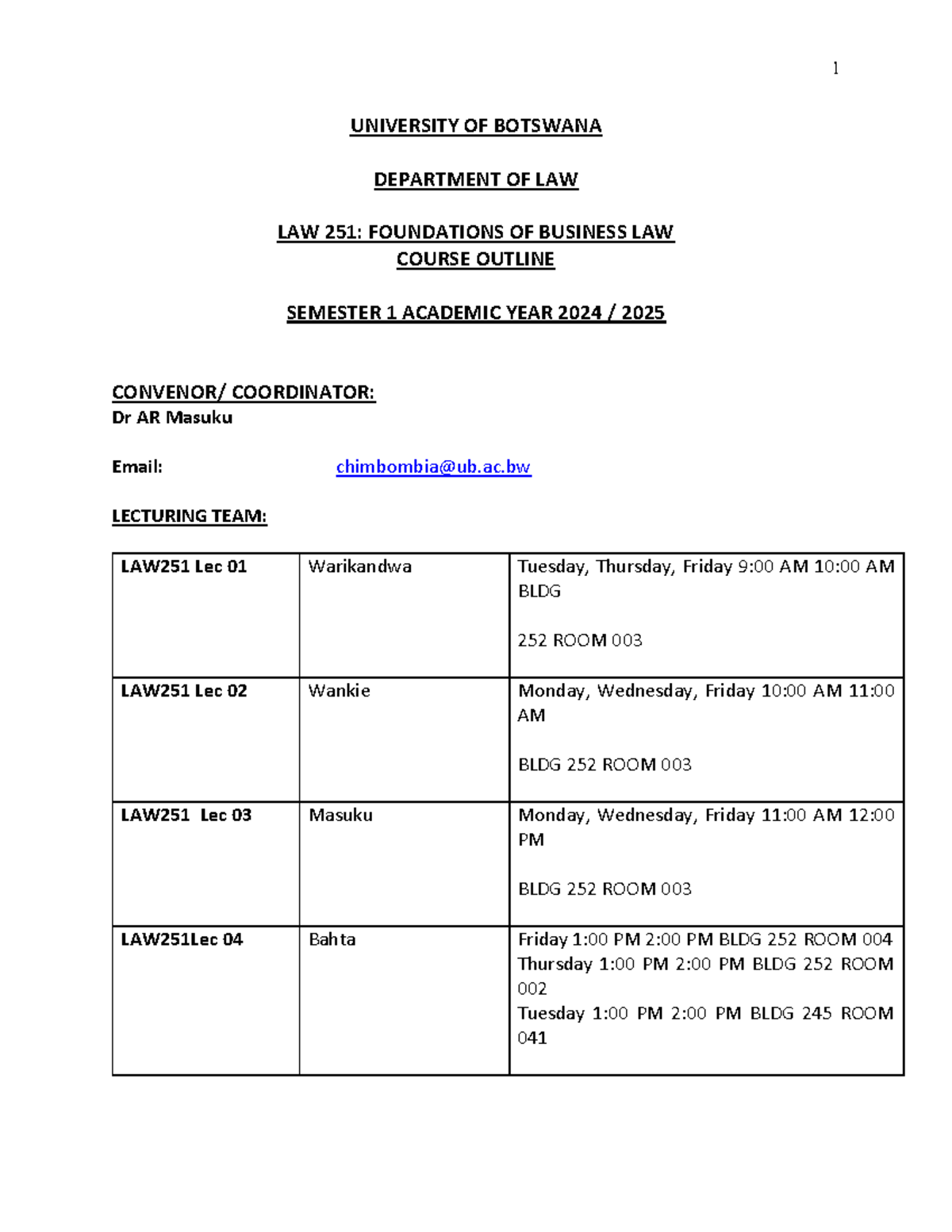 Law 251: Business Law Foundations Course Outline 2024-25 - Studocu