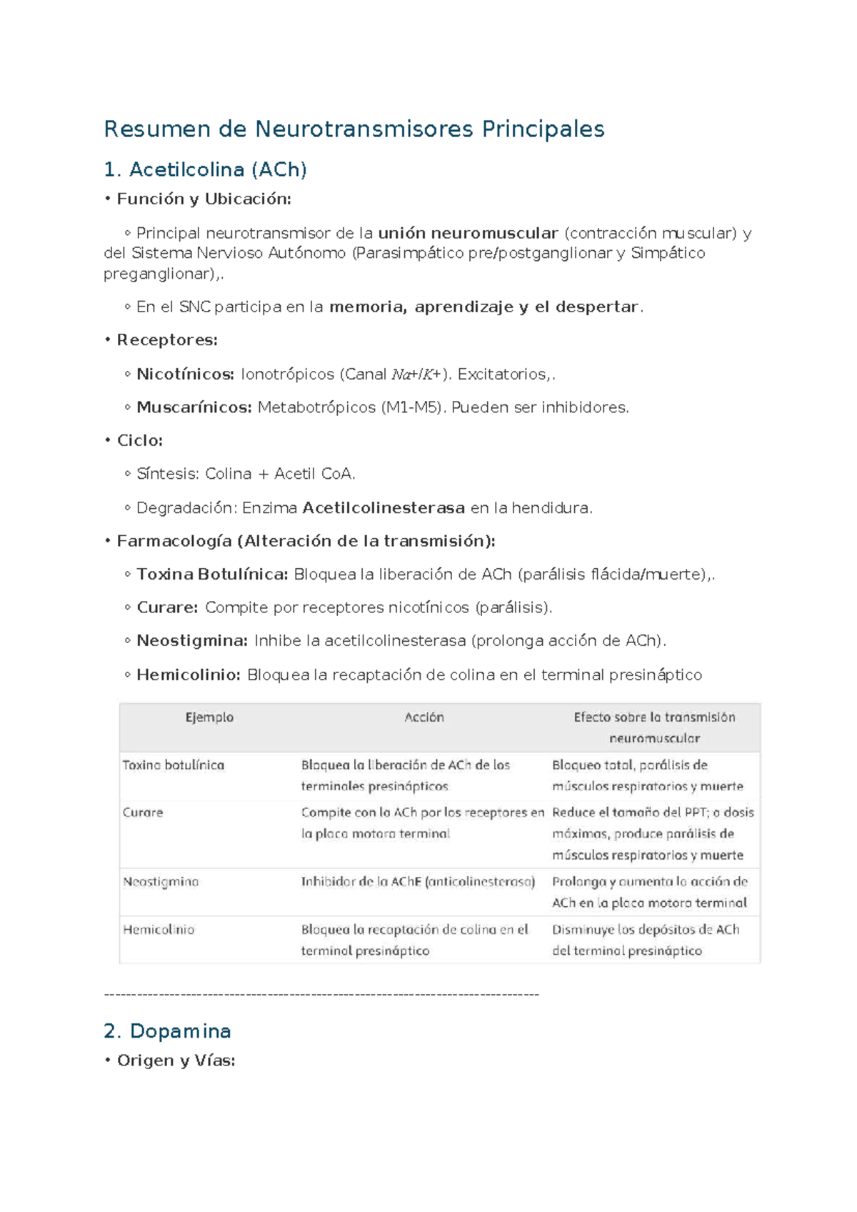 Resumen de Neurotransmisores Principales - Apuntes de Sinapsis 3 - Studocu