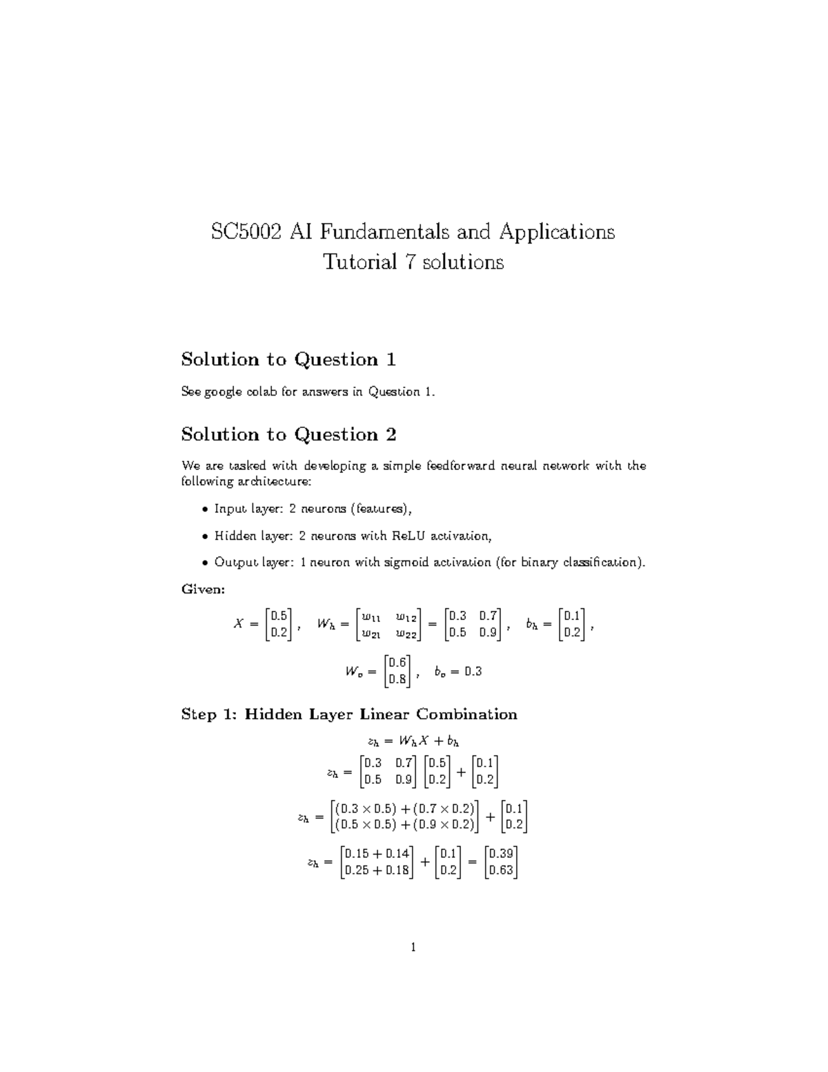 SC5002 AI Fundamentals Tutorial 7 Solutions: Neural Network Design ...