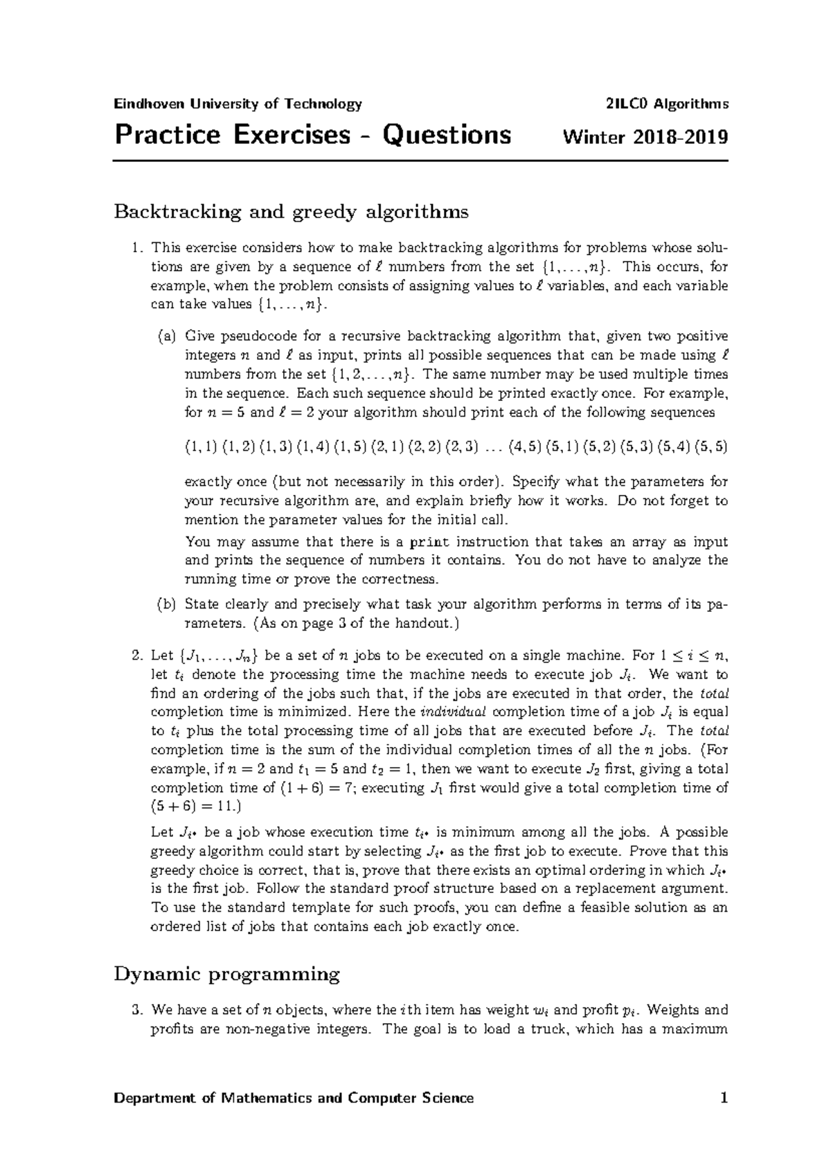 Practice Questions for 2ILC0 Algorithms - Winter 2018 - Studeersnel