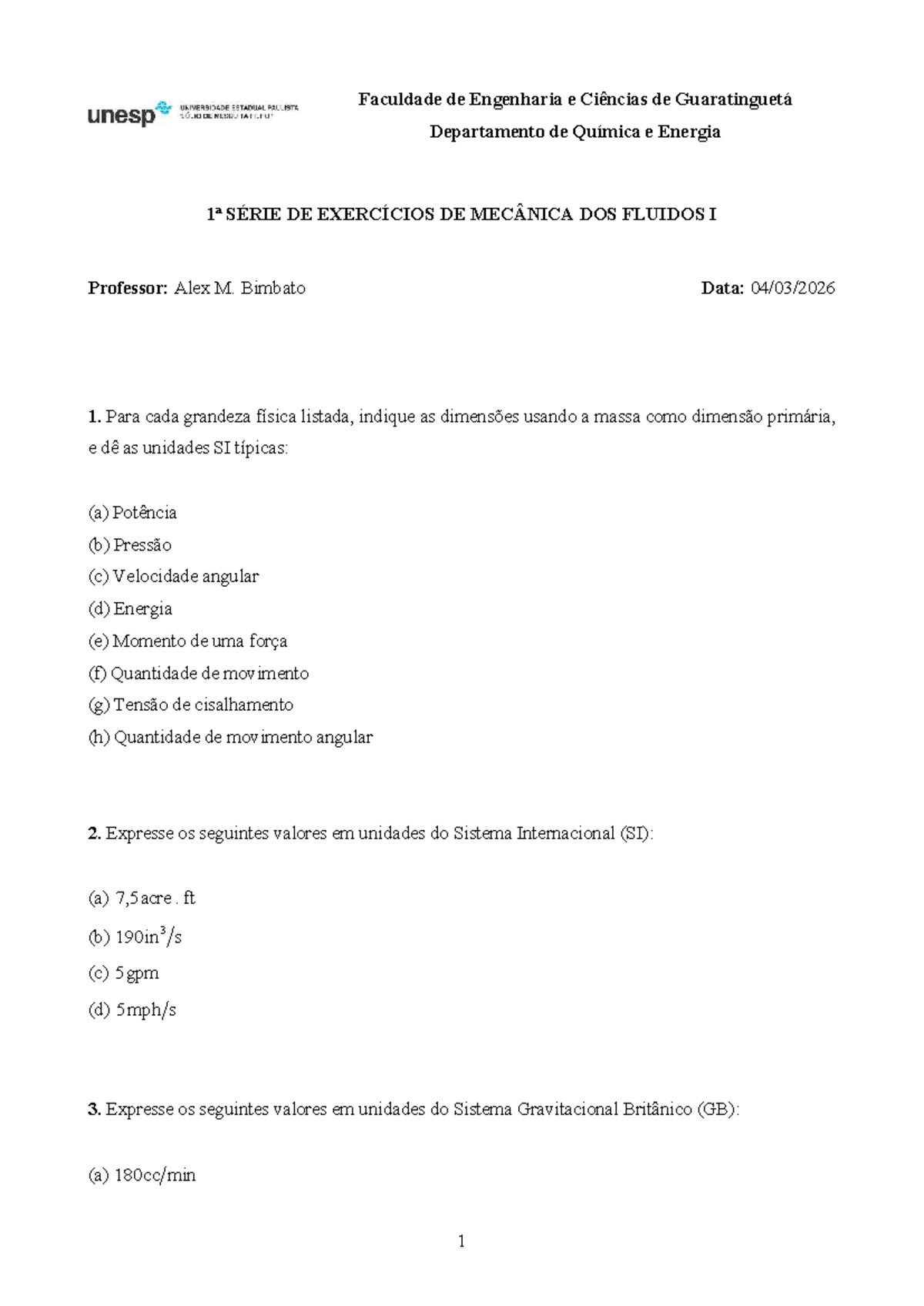 Lista 1 - Exercícios de Mecânica dos Fluidos I (MF-I 2026) - Studocu