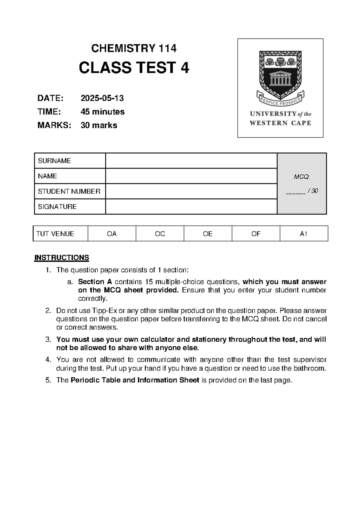 CHEMISTRY 114 CLASS TEST 4 - 2025 - Studocu